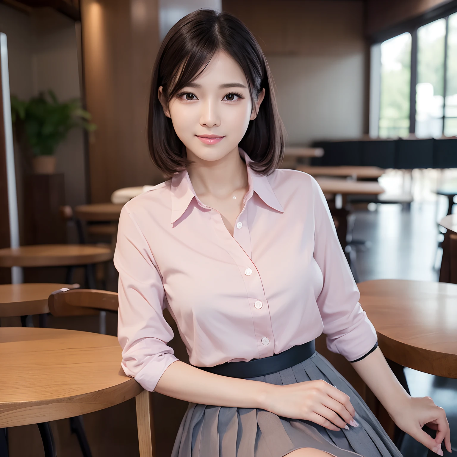 (High quality,4K,8K,hight resolution,masutepiece:1.2),Ultra-detailed,(Realistic,Photorealistic,Photorealsitic:1.37), Portraits, Beautiful detailed eyes, Beautiful detailed lips, Short hair, uniform, girl, Long hair girl in casual dress sitting in coffee shop, gesture, mare, Professional, Vibrant colors, Soft lighting, subtle shadows, Hair strands, Buttoned shirt, Pleated skirt, breezing, Stunning graceful posture, Confident expression, Expressive eyes, Curved eyelashes, subtle blush, Sparkling Highlights, Sharp details, Soft skin, Precise shading, Bright atmosphere, dynamic compositions, lifelike rendering, small round eyes, Indonesian girls, Attractive small rounded eyes shiny pink lips, Seductive cute smile, Full Portrait、tall、乃木坂アイドル、韓国アイドル、hposing Gravure Idol、adult lady