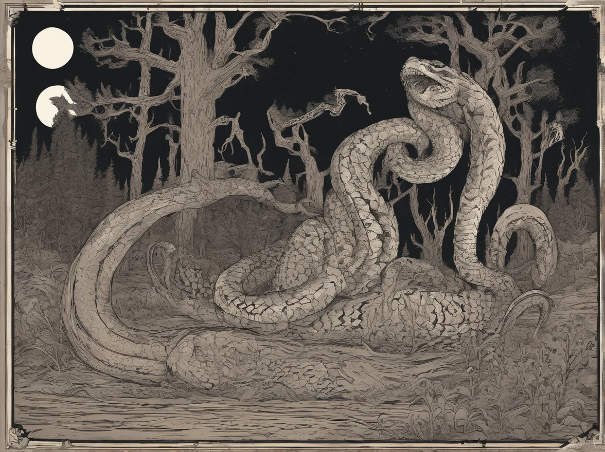 Medusa, northern lights, snake lightning, snakes to the heavens, hand drawn ink on paper illustration, double exposure, optical illusion, snake skin dress, full length body, (lamia, gorgon, snake woman hybrid, human upper-body, snake tail lower-body), fullbody, snake-haired, bald, hairless, (face, ornate black metal corpse paint, resembles Grace Jones), (background, pine barrens, entropy, rewilding, magic hour nautical twilight), (art style "Sean Gordon Murphy" comic drawing, splash panel), body drawn in Frederic Delavier musculature anatomical illustration art style, candid, the snake-haired head is covered in snakes that resemble pantera great southern trendkill, silhouette, full length body portrait, (body, Naga, snakefolk), (colors, forest green to earth brown, merge bleak muted deep fiery radiant glowing CMYK hues, (horror, abstract, surreal, body, cosmic), (art style Gerardo Zaffino charcoal), nyctophobia,