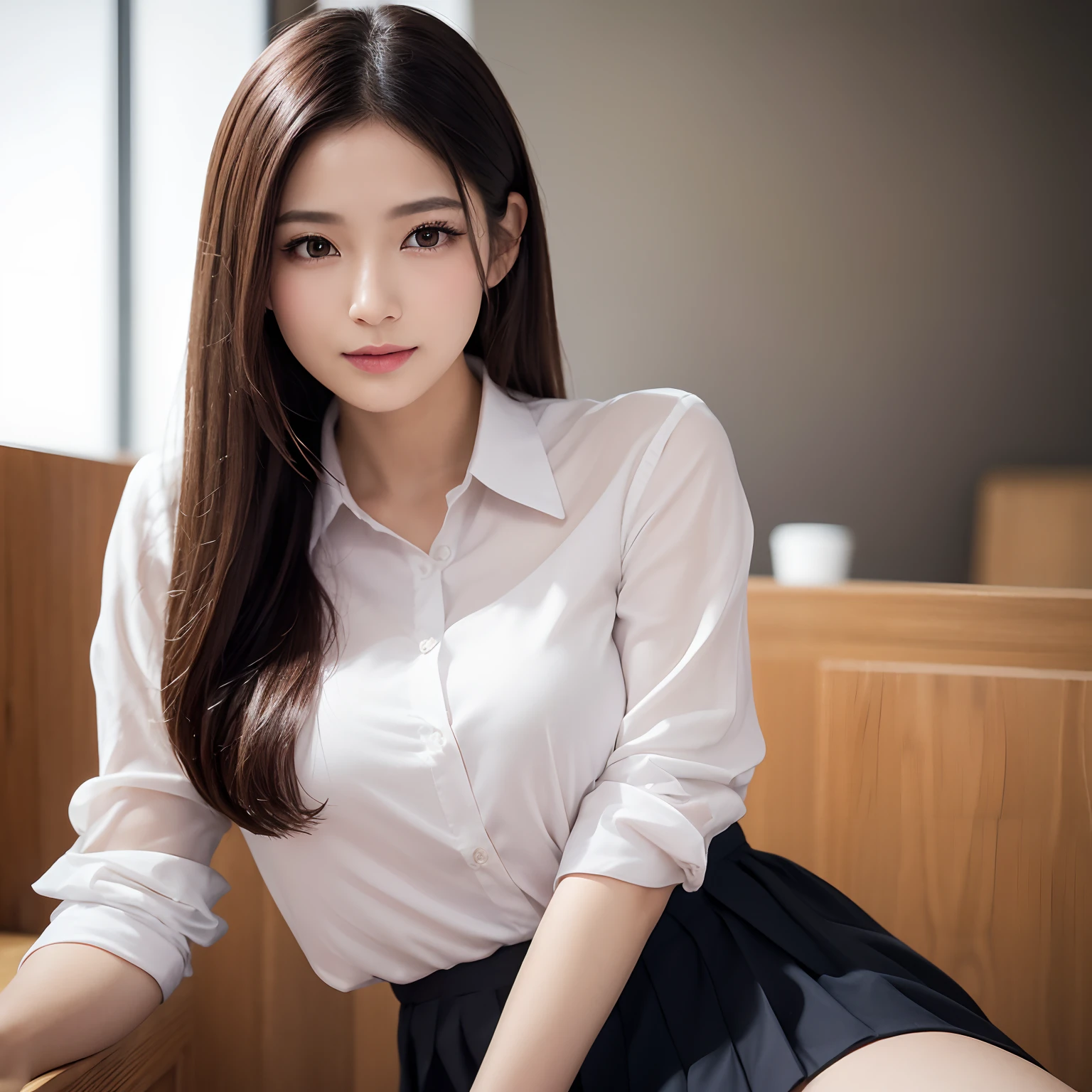 (High quality,4K,8K,hight resolution,masutepiece:1.2),Ultra-detailed,(Realistic,Photorealistic,Photorealsitic:1.37), Portraits, Beautiful detailed eyes, Beautiful detailed lips, Short hair, uniform, 16yo girl, Long hair girl in casual dress sitting in coffee shop, gesture, mare, Professional, Vibrant colors, Soft lighting, subtle shadows, Hair strands, Buttoned shirt, Pleated skirt, breezing, Stunning graceful posture, Confident expression, Expressive eyes, Curved eyelashes, subtle blush, Sparkling Highlights, Sharp details, Soft skin, Precise shading, Bright atmosphere, dynamic compositions, lifelike rendering, small round eyes, Indonesian girls, Attractive small rounded eyes shiny pink lips, Seductive cute smile, Full Portrait、tall、乃木坂アイドル、韓国アイドル、hposing Gravure Idol、adult lady