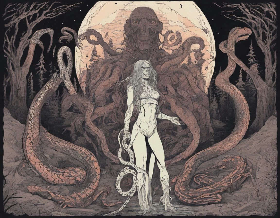 Medusa, northern lights, snake lightning, snakes to the heavens, hand drawn ink on paper illustration, double exposure, optical illusion, snake skin dress, full length body, (lamia, gorgon, snake woman hybrid, human upper-body, snake tail lower-body), fullbody, snake-haired, bald, hairless, (face, ornate black metal corpse paint, resembles Grace Jones), (background, pine barrens, entropy, rewilding, magic hour nautical twilight), (art style "Sean Gordon Murphy" comic drawing, splash panel), body drawn in Frederic Delavier musculature anatomical illustration art style, candid, the snake-haired head is covered in snakes that resemble pantera great southern trendkill, silhouette, full length body portrait, (body, Naga, snakefolk), (colors, forest green to earth brown, merge bleak muted deep fiery radiant glowing CMYK hues, (horror, abstract, surreal, body, cosmic), (art style Gerardo Zaffino charcoal), nyctophobia,