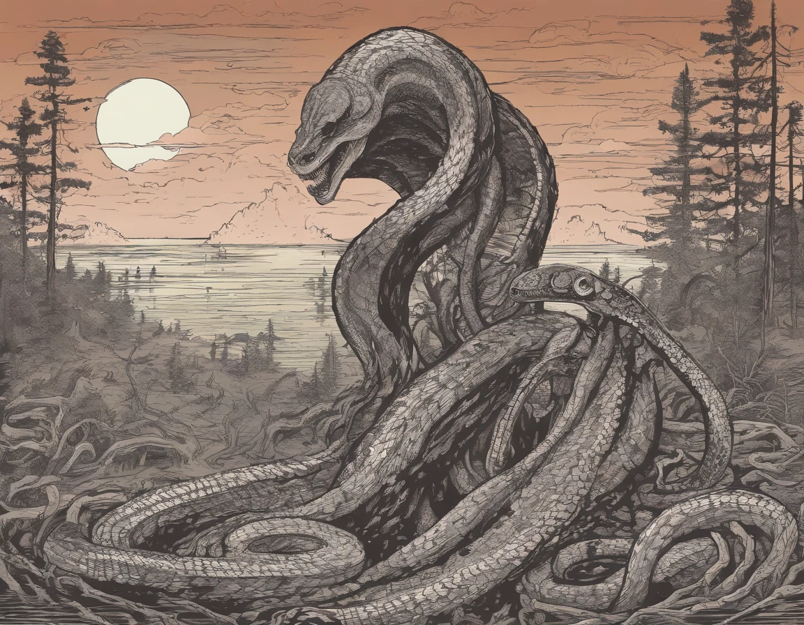 Medusa, northern lights, snake lightning, snakes to the heavens, hand drawn ink on paper illustration, double exposure, optical illusion, snake skin dress, full length body, (lamia, gorgon, snake woman hybrid, human upper-body, snake tail lower-body), fullbody, snake-haired, bald, hairless, (face, ornate black metal corpse paint, resembles Grace Jones), (background, pine barrens, entropy, rewilding, magic hour nautical twilight), (art style "Sean Gordon Murphy" comic drawing, splash panel), body drawn in Frederic Delavier musculature anatomical illustration art style, candid, the snake-haired head is covered in snakes that resemble pantera great southern trendkill, silhouette, full length body portrait, (body, Naga, snakefolk), (colors, forest green to earth brown, merge bleak muted deep fiery radiant glowing CMYK hues, (horror, abstract, surreal, body, cosmic), (art style Gerardo Zaffino charcoal), nyctophobia,