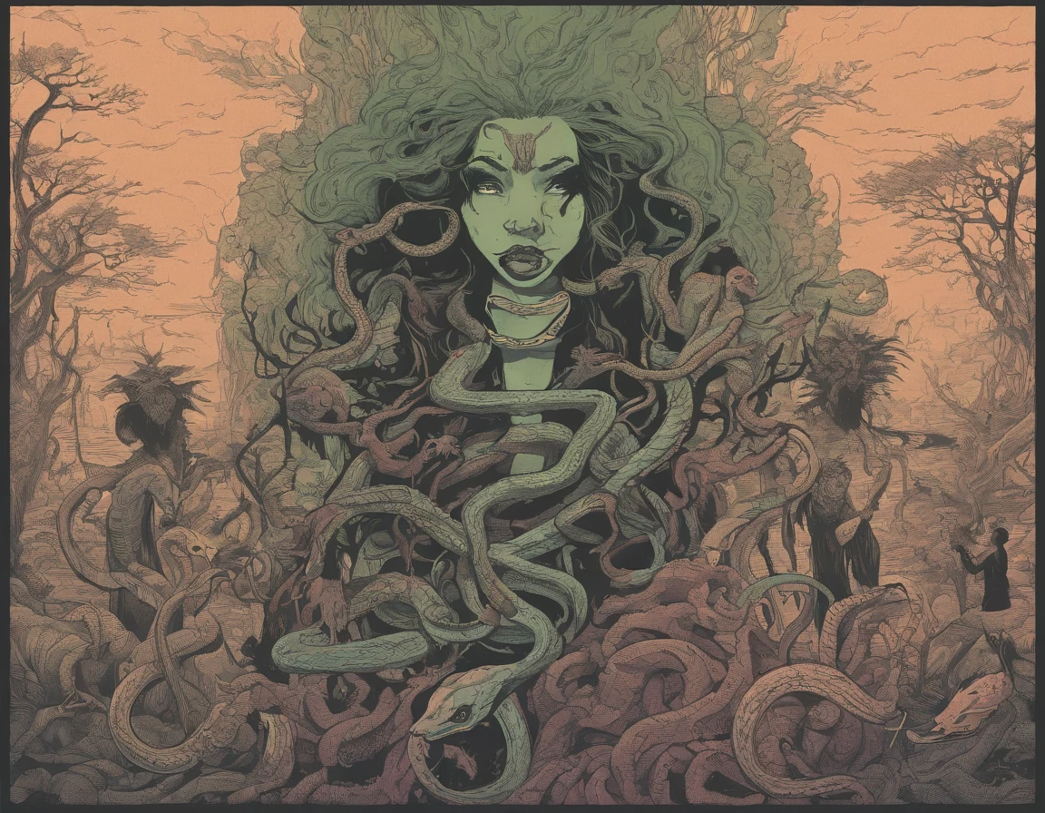 Medusa, splash page decompressed comic cover art, ink style figure, ((expressive Joelle Jones and "Sean Gordon Murphy" comic drawing)), wordless, cinematic poster, abyss void black no visibility darkness, forest green, earth brown), morphology anatomy drawn Frederic Delavier musculature anatomical illustration, (face, ornate black metal corpse paint, resembles Grace Jones), full length portrait, colors, bleak muted deep fiery radiant glowing ROYGBIV, (background, pine barrens, entropy, rewilding, magic hour sunset, galaxy stars, cosmos), candid, snake skin dress, (body, Naga, snakefolk, lower body snake tail, snake woman hybrid, bald, hairless, skeleton, snake skin tattoos, piercing eyes, snake pupils, over the shoulder), craftsmanship nuance, (Gerardo Zaffino charcoal), (horror, abstract, surreal, body, cosmic), subliminal orchids, nyctophobia, silhouette, double exposure, image within image,