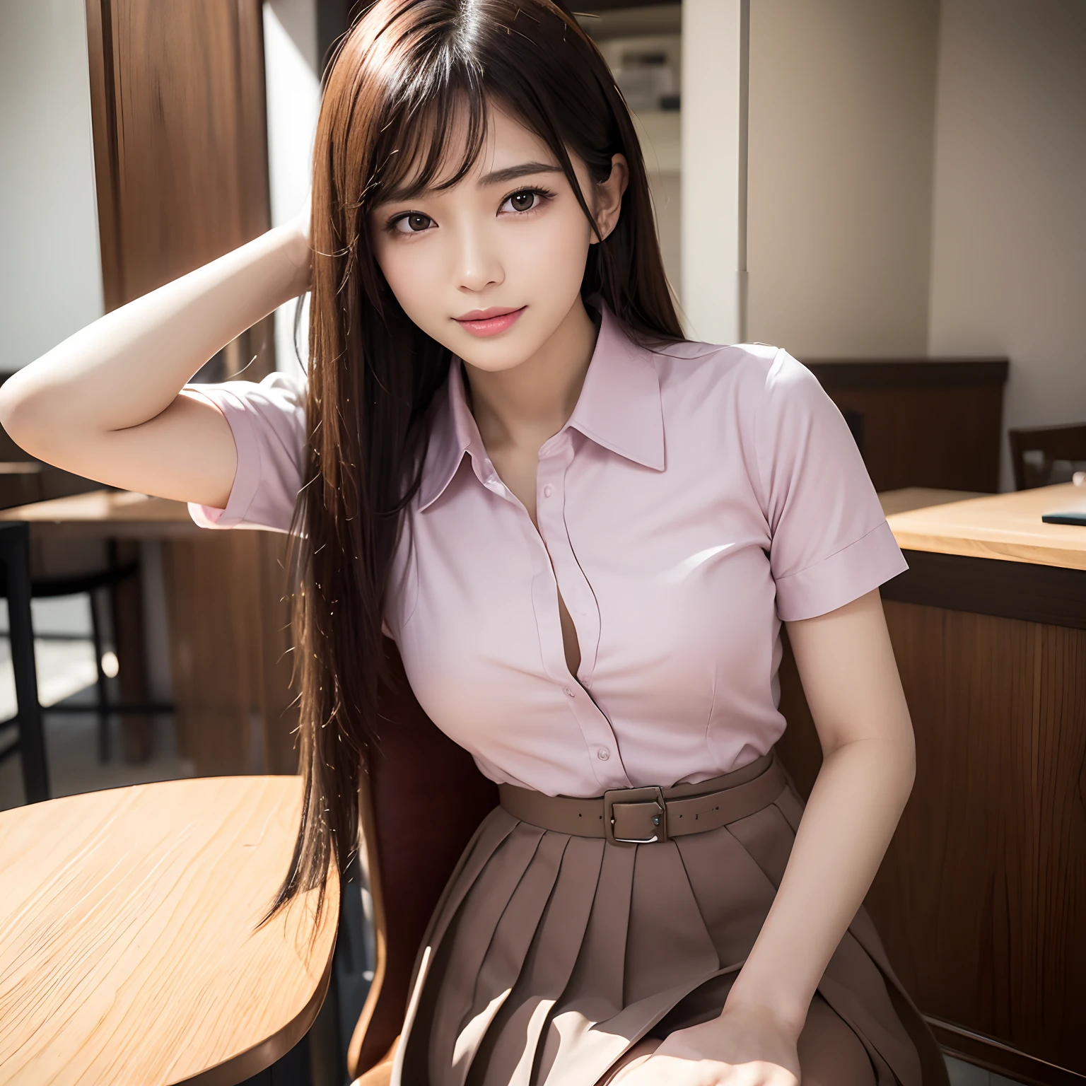 (High quality,4K,8K,hight resolution,masutepiece:1.2),Ultra-detailed,(Realistic,Photorealistic,Photorealsitic:1.37), Portraits, Beautiful detailed eyes, Beautiful detailed lips, Short hair, uniform,  girl, Long hair girl in casual dress sitting in coffee shop, gesture, mare, Professional, Vibrant colors, Soft lighting, subtle shadows, Hair strands, Buttoned shirt, Pleated skirt, breezing, Stunning graceful posture, Confident expression, Expressive eyes, Curved eyelashes, subtle blush, Sparkling Highlights, Sharp details, Soft skin, Precise shading, Bright atmosphere, dynamic compositions, lifelike rendering, small round eyes, Indonesian girls, Attractive small rounded eyes shiny pink lips, Seductive cute smile, Full Portrait、tall、乃木坂アイドル、韓国アイドル、hposing Gravure Idol、adult lady