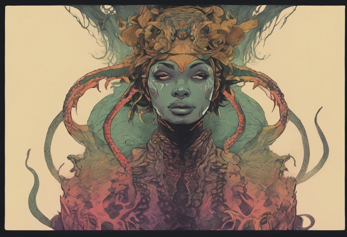 Medusa, northern lights, snake lightning, snakes to the heavens, hand drawn ink on paper illustration, double exposure, optical illusion, snake skin dress, full length body, (lamia, gorgon, snake woman hybrid, human upper-body, snake tail lower-body), fullbody, snake-haired, bald, hairless, (face, ornate black metal corpse paint, resembles Grace Jones), (background, pine barrens, entropy, rewilding, magic hour nautical twilight), (art style "Sean Gordon Murphy" comic drawing, splash panel), body drawn in Frederic Delavier musculature anatomical illustration art style, candid, the snake-haired head is covered in snakes that resemble pantera great southern trendkill, silhouette, full length body portrait, (body, Naga, snakefolk), (colors, forest green to earth brown, merge bleak muted deep fiery radiant glowing CMYK hues, (horror, abstract, surreal, body, cosmic), (art style Gerardo Zaffino charcoal), nyctophobia,