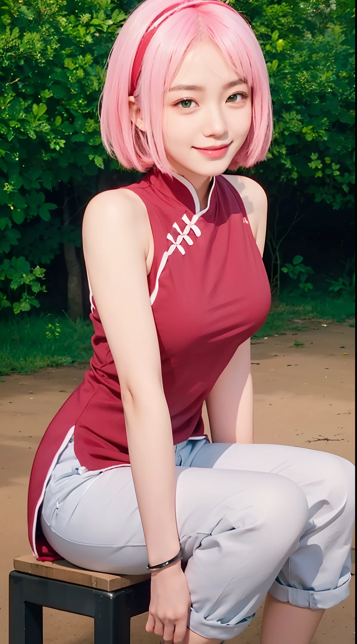 Sakura haruno? A little girl. Standing in the alley. He wore a red kimono with tight black shorts. Her short pink hair wasn't laced up. His skin was white. Her cheeks were rosy. He looked at the camera. She looks so beautiful and realistic