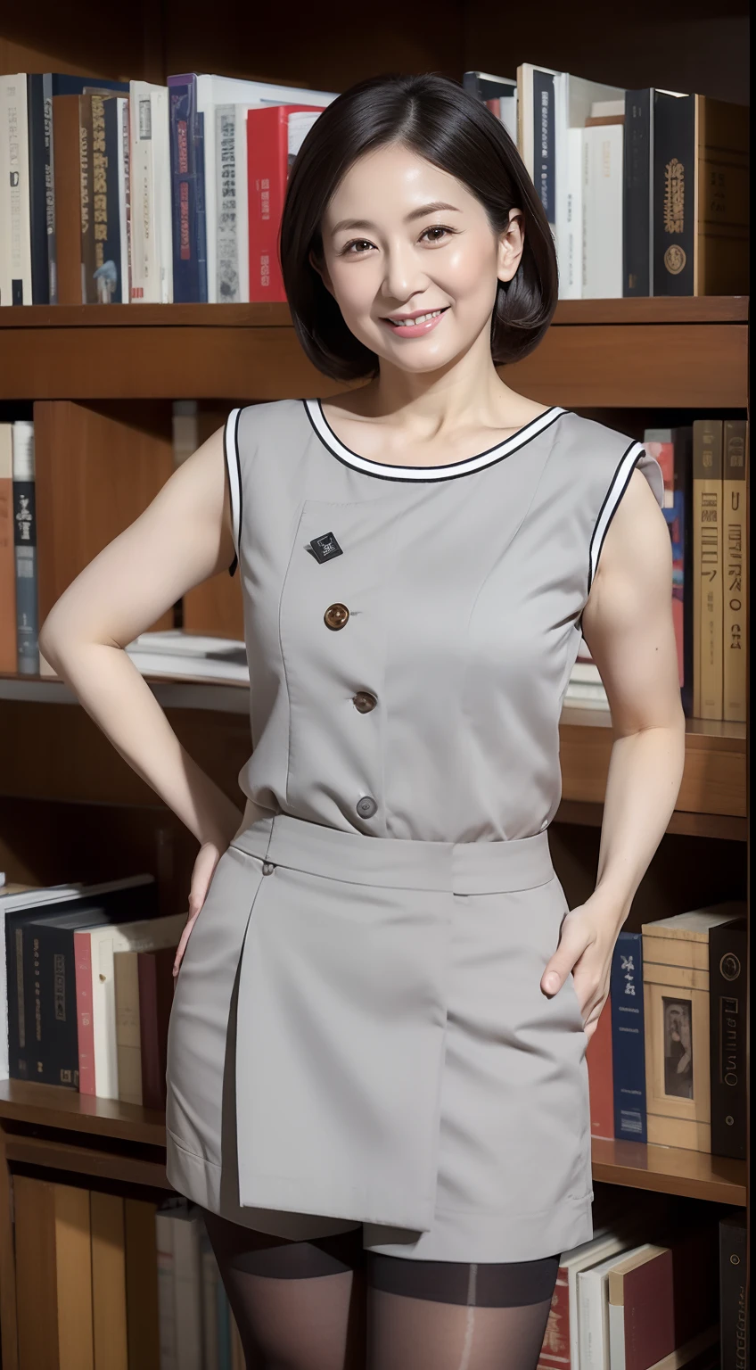 Masterpiece,Best quality, (maam. clerk:1), ((Portrait:1.3)), Cross arms, Smile,Gray library,Long legs,skin hyper-detail,Clear pores,in a panoramic view,Cocked buttocks,black lence stockings,Beautiful young Japanese woman over 40 years old, Perfect face, Fantastic look, (Detailed facial features), Clean and nice face