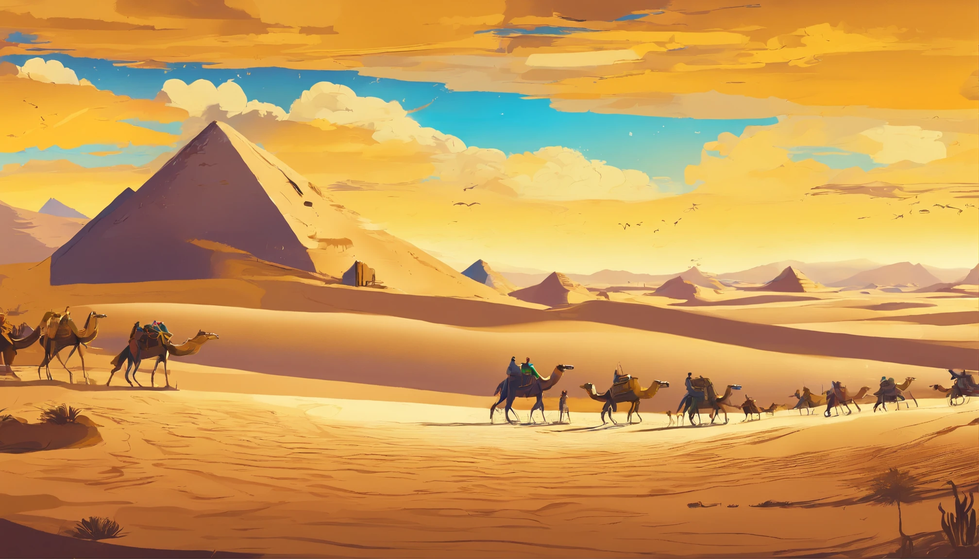 Yellow sand in the sky，Camel caravan，Crescent Spring，digital landscape art, detailed scenic view , landscape artwork, environment design illustration, scenery art detailed, Desert oasis landscape, concept-art, 4k highly detailed digital art, 4 k digital painting, stunning digital illustration, Desert in the background, digital painting concept art, Detailed digital painting