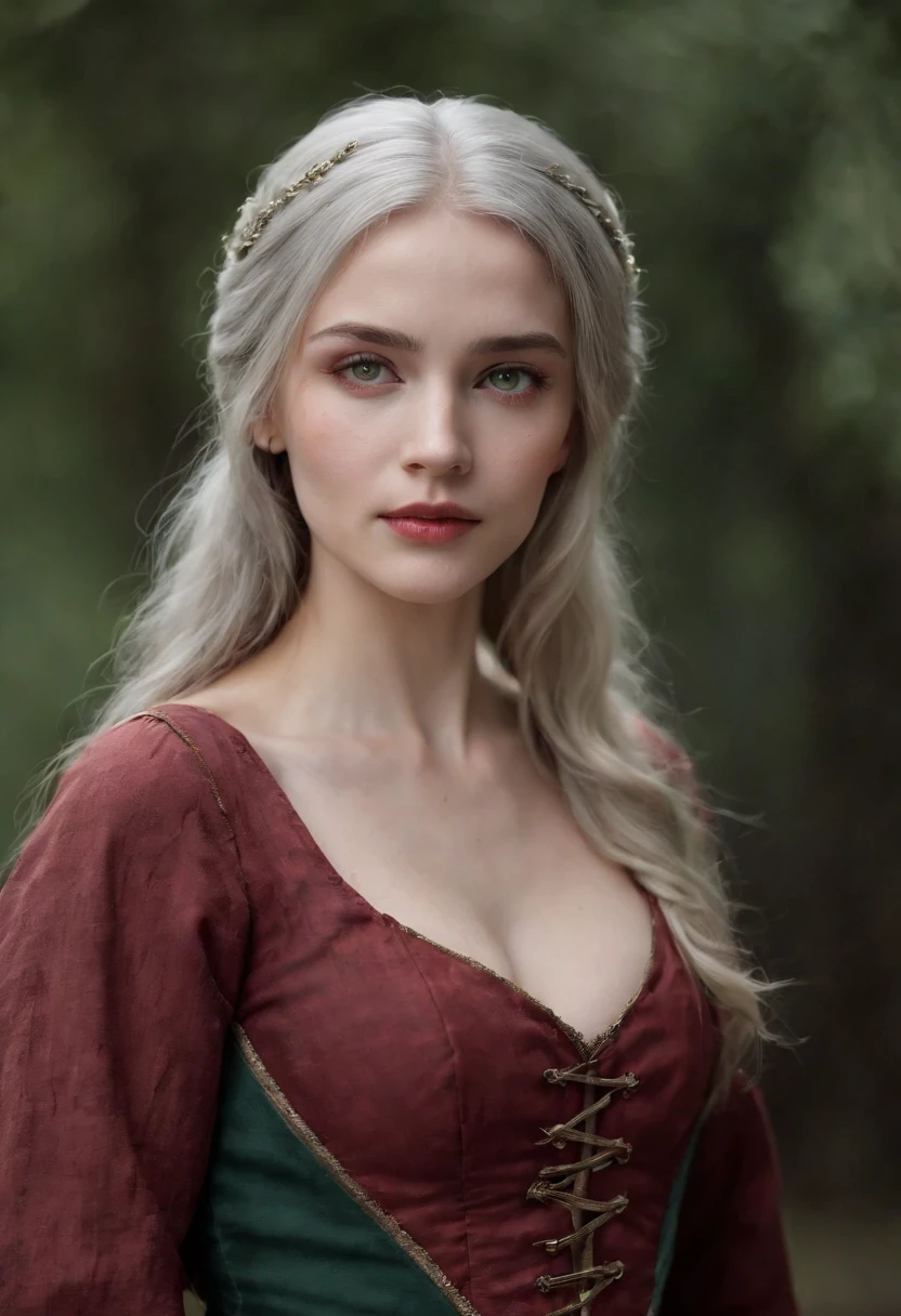 (((A crimson wound streaked across her left cheek))) Fair complexion, A woman around 19 years old, Natural gray hair, Unique green eyes, Wear Cole, Slender and graceful, Beautiful, Have a pair of full breasts,Half of the breasts are exposed,areola of breast,Candlelight in a medieval setting, super sharp focus, realistic lens, Medieval women's clothing, Four colors (Scar:1.4)