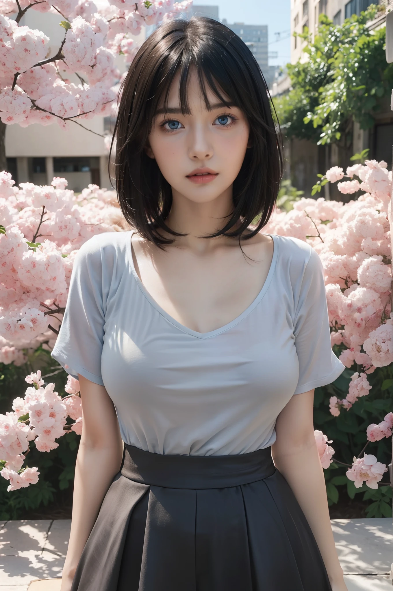 best quality, masterpiece, (photorealistic:1.4), 1girl, raw, ultra hd,m, glowing skin, light blue eyes color, black short straight hair, bangs, big boobs