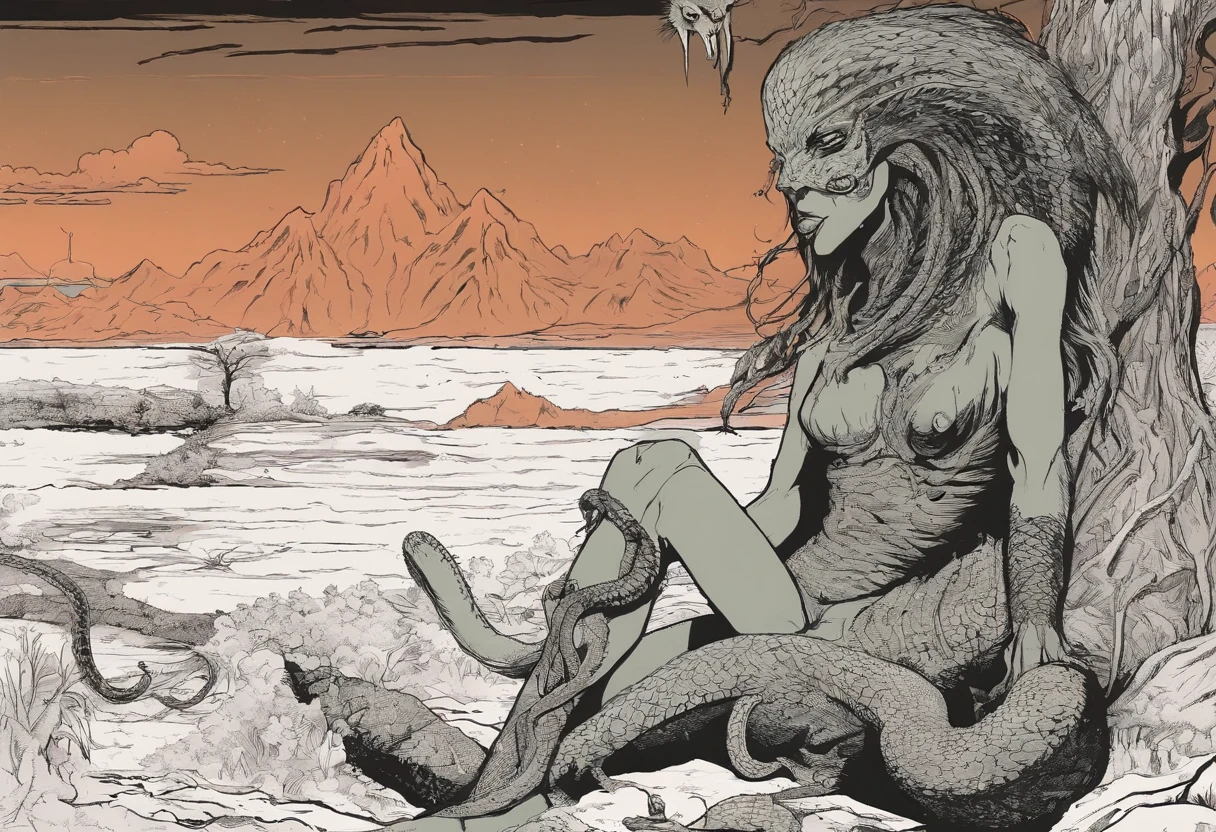 Medusa, northern lights, snake lightning, snakes to the heavens, hand drawn ink on paper illustration, double exposure, optical illusion, snake skin dress, full length body, (lamia, gorgon, snake woman hybrid, human upper-body, snake tail lower-body), fullbody, snake-haired, bald, hairless, (face, ornate black metal corpse paint, resembles Grace Jones), (background, pine barrens, entropy, rewilding, magic hour nautical twilight), (art style "Sean Gordon Murphy" comic drawing, splash panel), body drawn in Frederic Delavier musculature anatomical illustration art style, candid, the snake-haired head is covered in snakes that resemble pantera great southern trendkill, silhouette, full length body portrait, (body, Naga, snakefolk), (colors, forest green to earth brown, merge bleak muted deep fiery radiant glowing CMYK hues, (horror, abstract, surreal, body, cosmic), (art style Gerardo Zaffino charcoal), nyctophobia,