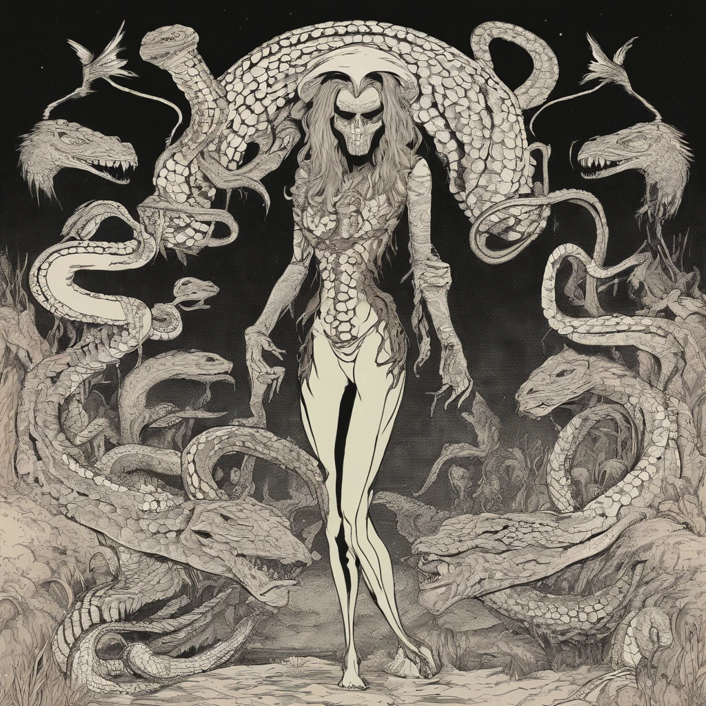 Medusa, northern lights, snake lightning, snakes to the heavens, hand drawn ink on paper illustration, double exposure, optical illusion, snake skin dress, full length body, (lamia, gorgon, snake woman hybrid, human upper-body, snake tail lower-body), fullbody, snake-haired, bald, hairless, (face, ornate black metal corpse paint, resembles Grace Jones), (background, pine barrens, entropy, rewilding, magic hour nautical twilight), (art style "Sean Gordon Murphy" comic drawing, splash panel), body drawn in Frederic Delavier musculature anatomical illustration art style, candid, the snake-haired head is covered in snakes that resemble pantera great southern trendkill, silhouette, full length body portrait, (body, Naga, snakefolk), (colors, forest green to earth brown, merge bleak muted deep fiery radiant glowing CMYK hues, (horror, abstract, surreal, body, cosmic), (art style Gerardo Zaffino charcoal), nyctophobia,