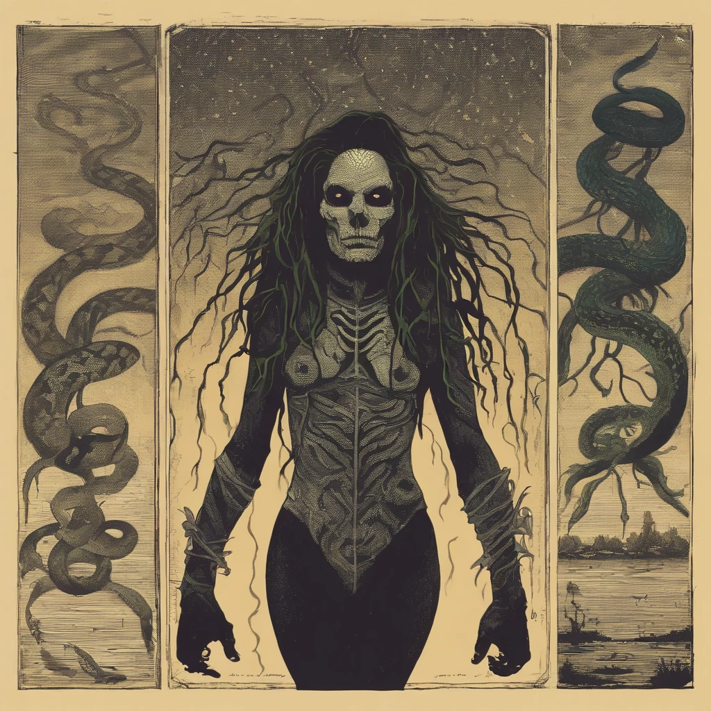 Medusa, northern lights, snake lightning, snakes to the heavens, hand drawn ink on paper illustration, double exposure, optical illusion, snake skin dress, full length body, (lamia, gorgon, snake woman hybrid, human upper-body, snake tail lower-body), fullbody, snake-haired, bald, hairless, (face, ornate black metal corpse paint, resembles Grace Jones), (background, pine barrens, entropy, rewilding, magic hour nautical twilight), (art style "Sean Gordon Murphy" comic drawing, splash panel), body drawn in Frederic Delavier musculature anatomical illustration art style, candid, the snake-haired head is covered in snakes that resemble pantera great southern trendkill, silhouette, full length body portrait, (body, Naga, snakefolk), (colors, forest green to earth brown, merge bleak muted deep fiery radiant glowing CMYK hues, (horror, abstract, surreal, body, cosmic), (art style Gerardo Zaffino charcoal), nyctophobia,