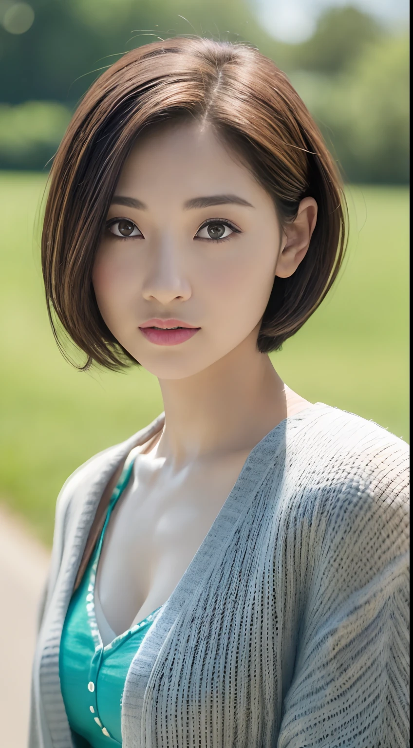 ((qualidade superior、8k、obra prima:1.3))、1 menina、Mulher bonita com abdominais esguios:1.3、(medium short hair、Enorme teto:1.2)、cardigan:1.1、face hiperdetalhada、Um olhar detalhado、Double eyelidm