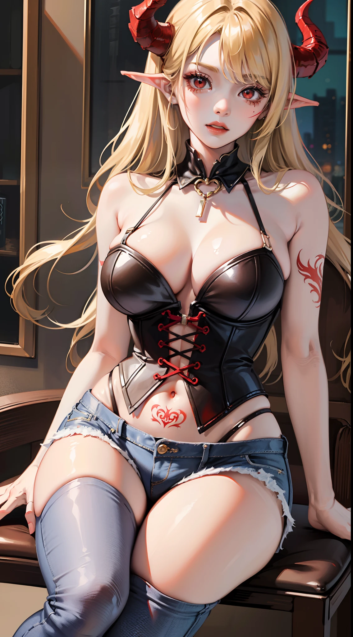 adult girl, longue blonde hair, red eyes, Red Dragon Horns, tattoo, red tight corset, open breasts, Deep wide neckline, open shoulders, Visible navel, Jeans, sitting in chair, Masterpiece, hiquality, 4k, HD, Good detail