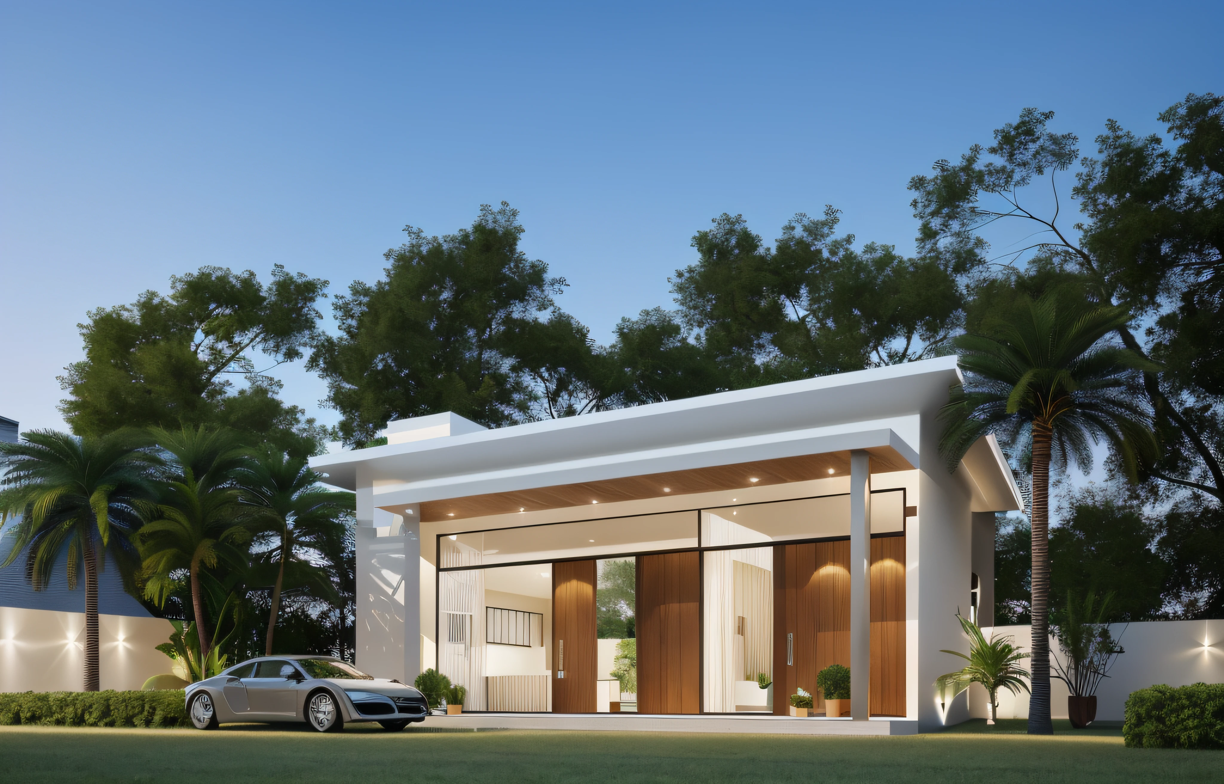 a view of a modern home with a large front yard, main material by white wall and stone and wood,  1 road runs in front of the house,  (RAW photo, real, best quality, masterpiece:1.2), look morden minimalist, 1 road in front of the house, shime ring light, light brighteness from indoor:1.2, dynamic lighting:1.3, (hyper realistic, photo-realistic:1.2), high quality, day lighht, hight contrast :0.5 perfect lighting, archdaily,  award winning contemporary, contemporary masterpiece, well-designed masterpiece, large modern residence, neotraditional modern, wide angle exterior 2022, midcentury modern, contemporary house, hip modern vibe, a long-shot from front, award winning modern design, stunning lines, residential, subtle detailing,Green tree in front of the house,There is a large,  sunset light, ((straight architectural block:1.2)),(sunset light), Sloping roof on one side