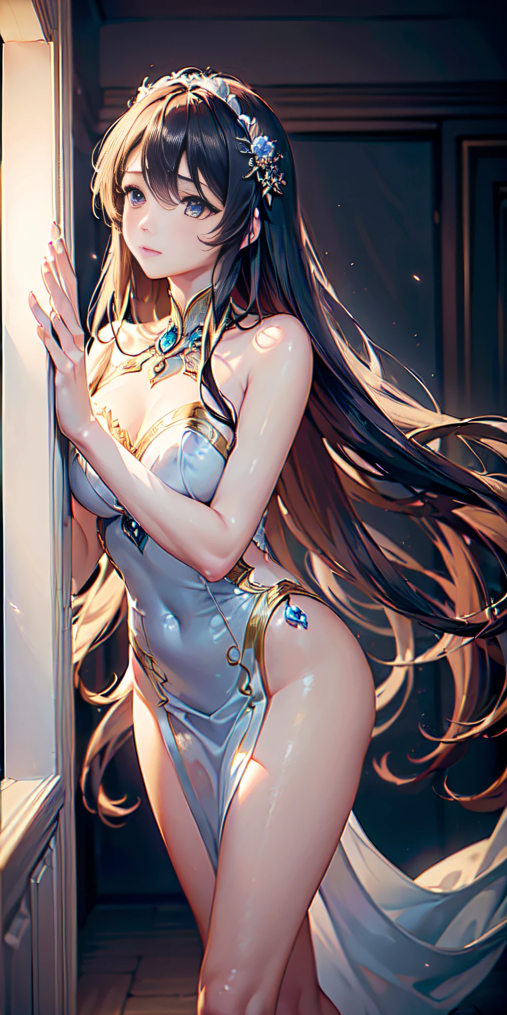 ((Masterpiece, Best high resolution quality),(Dreamy atmosphere and soft lighting),(1 character),(Mysterious expression and Elegant Pose),(flowing hair and bright eyes),(Magical costume and Delicate Details) )