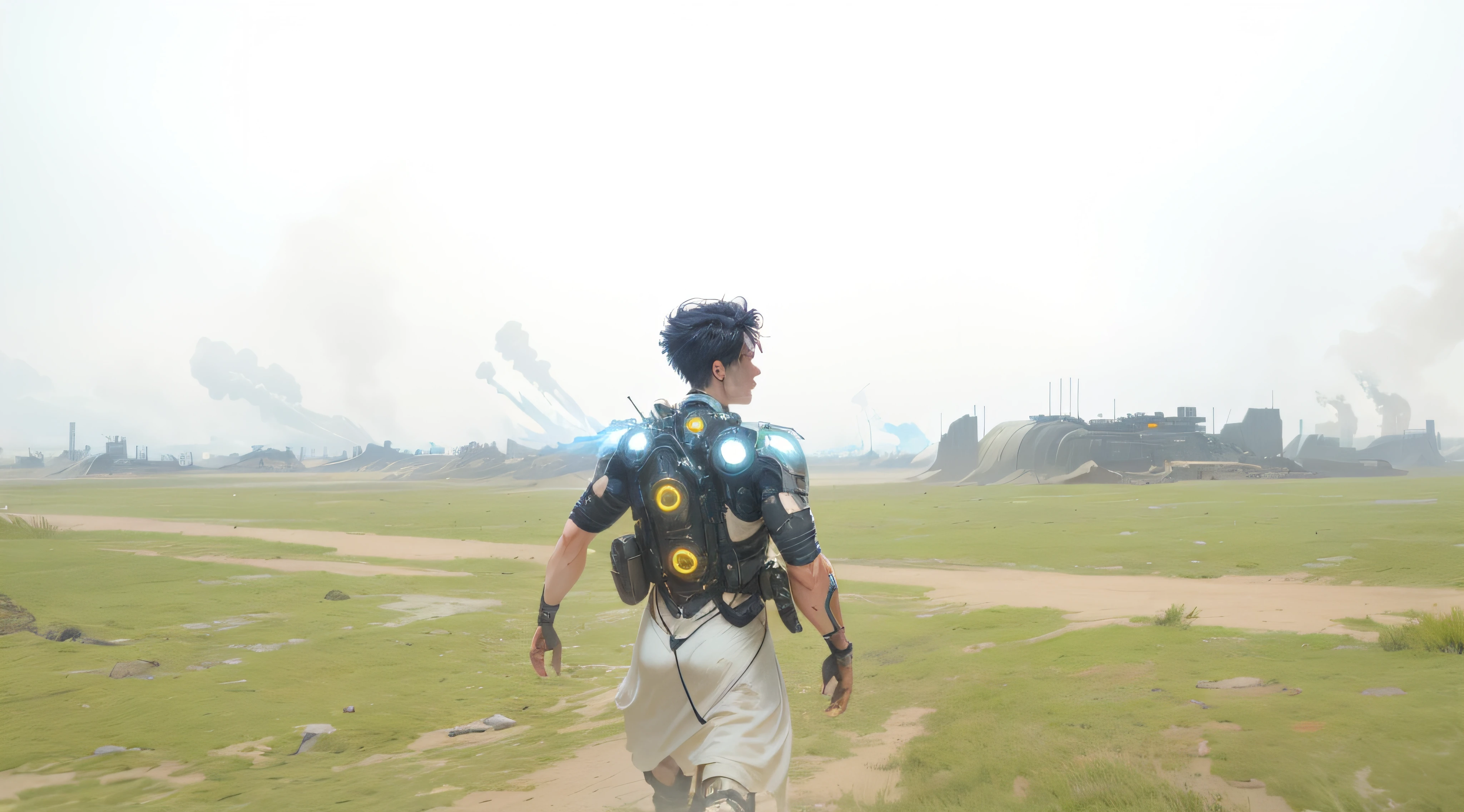 cypunk, futuristic, mechanic, dystopia, trending on artstaion, by greg rutkowski,  8k, boy, glowing eyes, smoke and fire, glowing power aura, dynamic view