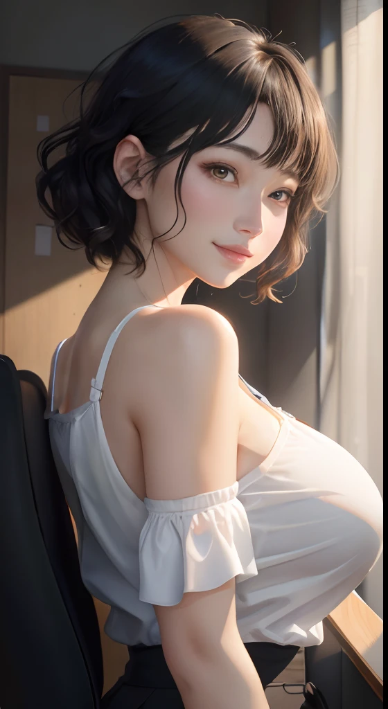 masutepiece, Best Quality、Realistic, ( Intricate details, depth of fields)、Hyper-Realism, 8K, Best Quality, Super Detail, retinas, ighly detailed, Perfect face, Perfect body, Huge breasts, Constriction, Very big ass, Glamour, indirect lighting, hair wavy、Shorthair、prety woman,A dark-haired、goddess of Japan、 the perfect appearance, Smile, Lolita, Oily skin、shinny skin, baretop((blanche))((Shoulder out))、T back、workplace、natural soft light, Anatomically correct（(Full Body including thighs))a picture、Skin Texture、mare、Office at night、white  shirt、a black skirt、wears a suit、all-fours