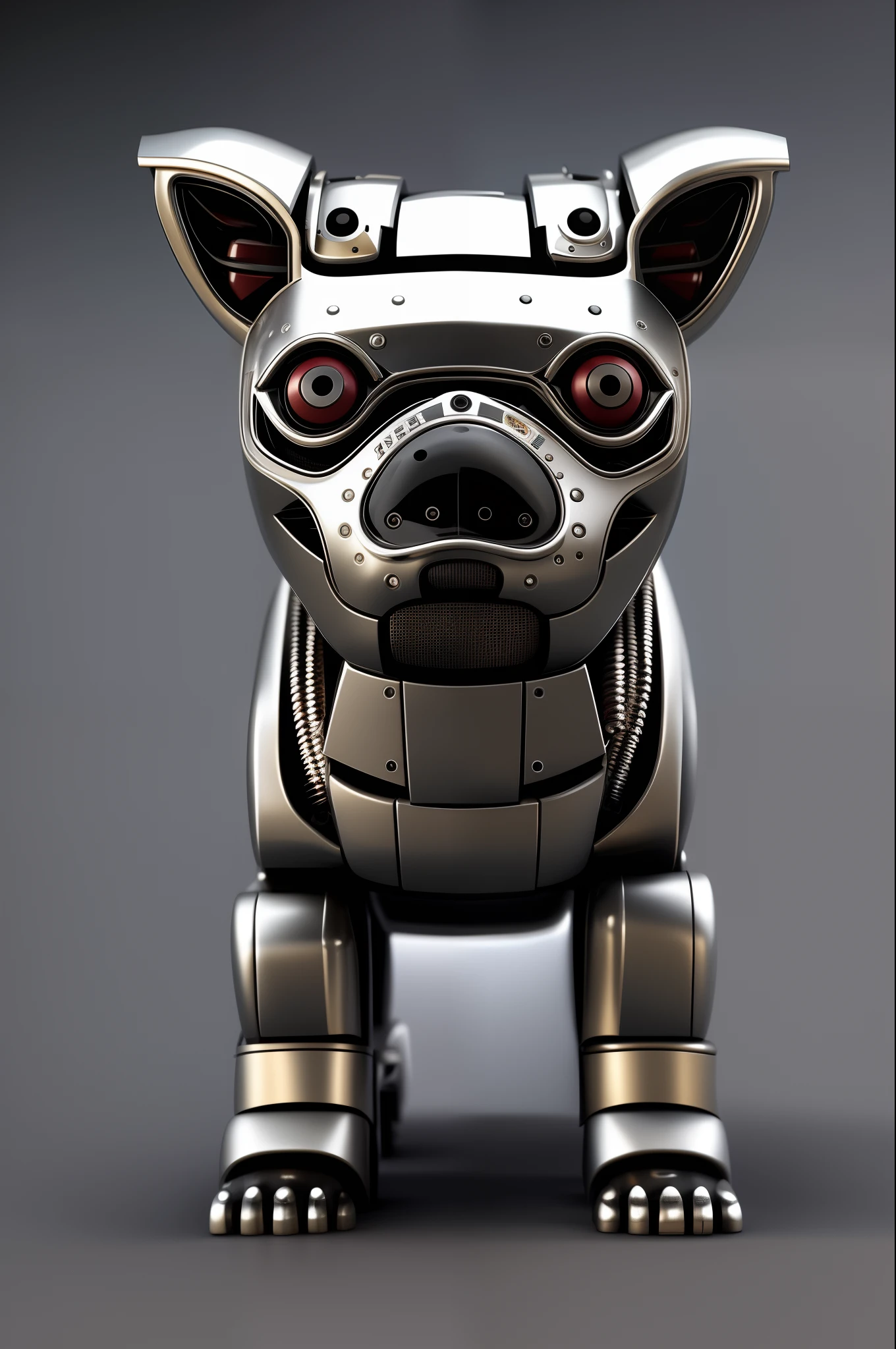 A lively and cute all-mechanical puppy，All silver，Whole body mechanical parts，Transformers style，Extremely realistic，Futuristic，Sci-fi sense，Industrial design sense，Intense dynamic，infinite details，3Drenderingof，Industrial design composition，Arnold rendering engine，Ray traching，dark grey background，8K，Master masterpieces