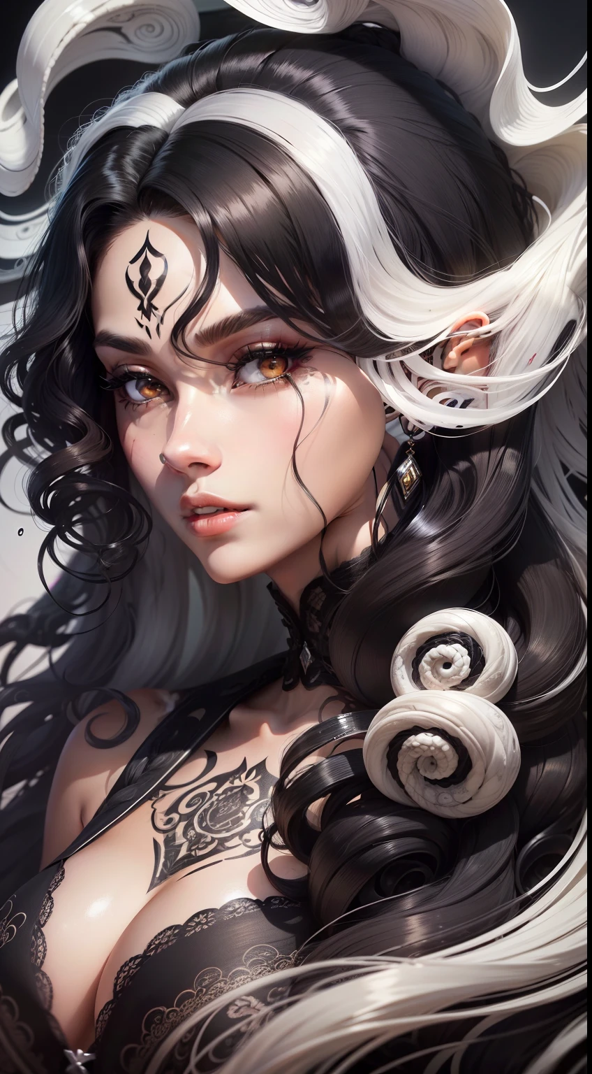 Close up of a woman with white hair and tattoos, detailed long black hair, curly dark hair, swirling black hair, black long curly hair, curly dark hair, Long dark hair and swirls, with black curled hair, Complex curly hair with long hair, Long black curly hair, Brunette and swirl, Meticulous woman, with black curled hair, Beautiful artwork