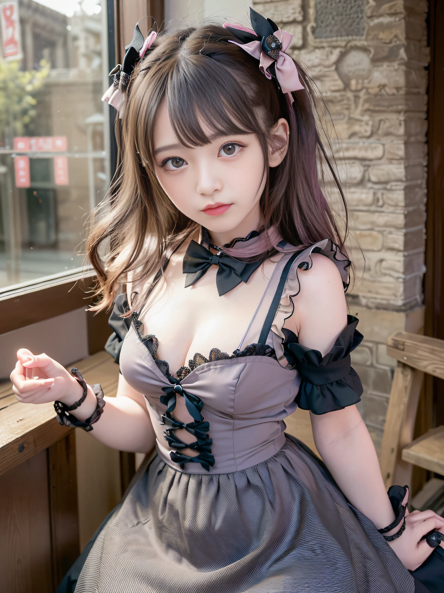 (Realistic, Photorealsitic:1.37), unbelievable Ridiculous, (Insanely detailed:1.3), 8K, (masutepiece), (Best Quality:1.4), (超A high resolution:1.2), (Raw photo:1.2), hyper detailed background, (Unity 8k壁纸), 1 nogizaka girl, utterly cute, a beauty girl, 15yo student, (((jirai-kei fashion with pink))), (an exquisitely detailed and beautiful face and eyes and skin), (delicate detailed beautiful dress), Gothic Maid, medium breasts, cleavage, Open chest, (detailed black shine hair), (elegant frills), (a bow tie), (hair accessory with blue rose), (Smile at the camera), Cowboy Shot, castles scenery in europe, Professional Lighting