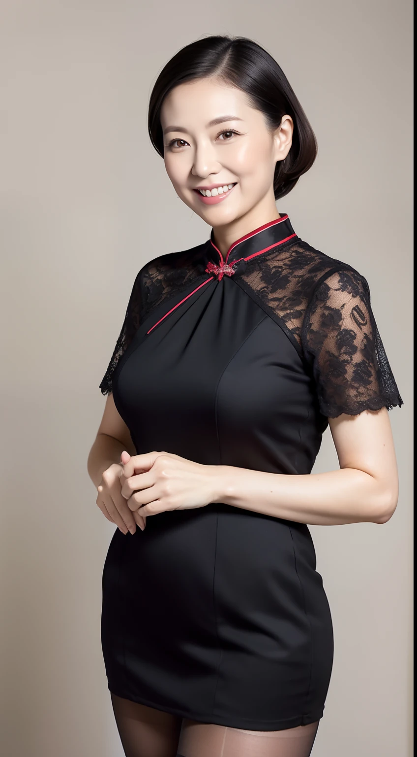 Masterpiece,Best quality, (maam. clerk:1), ((Portrait:1.3)), Cross arms， Smile，French cheongsam，Long legs，skin hyper-detail，Clear pores，in a panoramic view，Cocked buttocks，black lence stockings，Beautiful young Japanese woman over 40 years old,  Perfect face, Fantastic look,  (Detailed facial features),  Clean and nice face