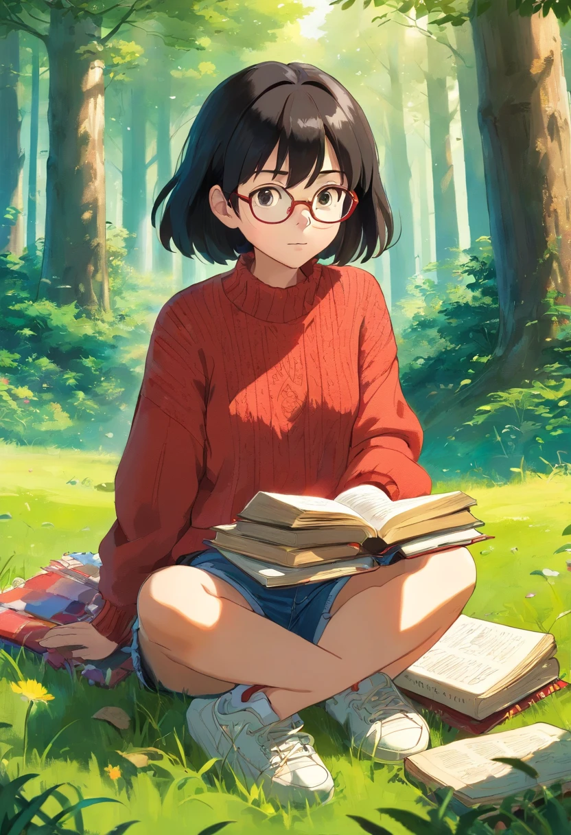 1girl, short black hair, brown eyes, clear glasses, wearing red sweater, short denim shorts, white sneakers, sitting down in open grass field, reading book, next to picnic blanket with stack of books on blanket, tree stump nearby, surrounded by forest, trees, spring, morning, sunshine shining through trees, beautiful, absurdres, high res, ultrasharp, 8k, masterpiece, looking at viewer.