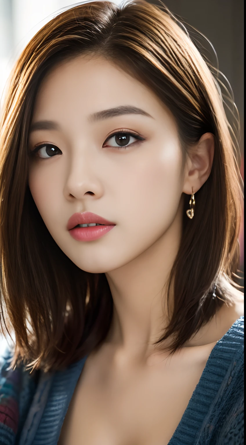 "Best quality, 8k, Masterpiece:1.3, ultra-detailed, realistic:1.37, HDR, UHD, studio lighting, extreme detail description, professional, vivid colors, bokeh, 1girl, pretty woman with slender abs:1.3, medium-short hair, huge breasts:1.2, cardigan:1.1, detailed face, detailed eyes, double eyelid, portraits, colorful palette, soft lighting"