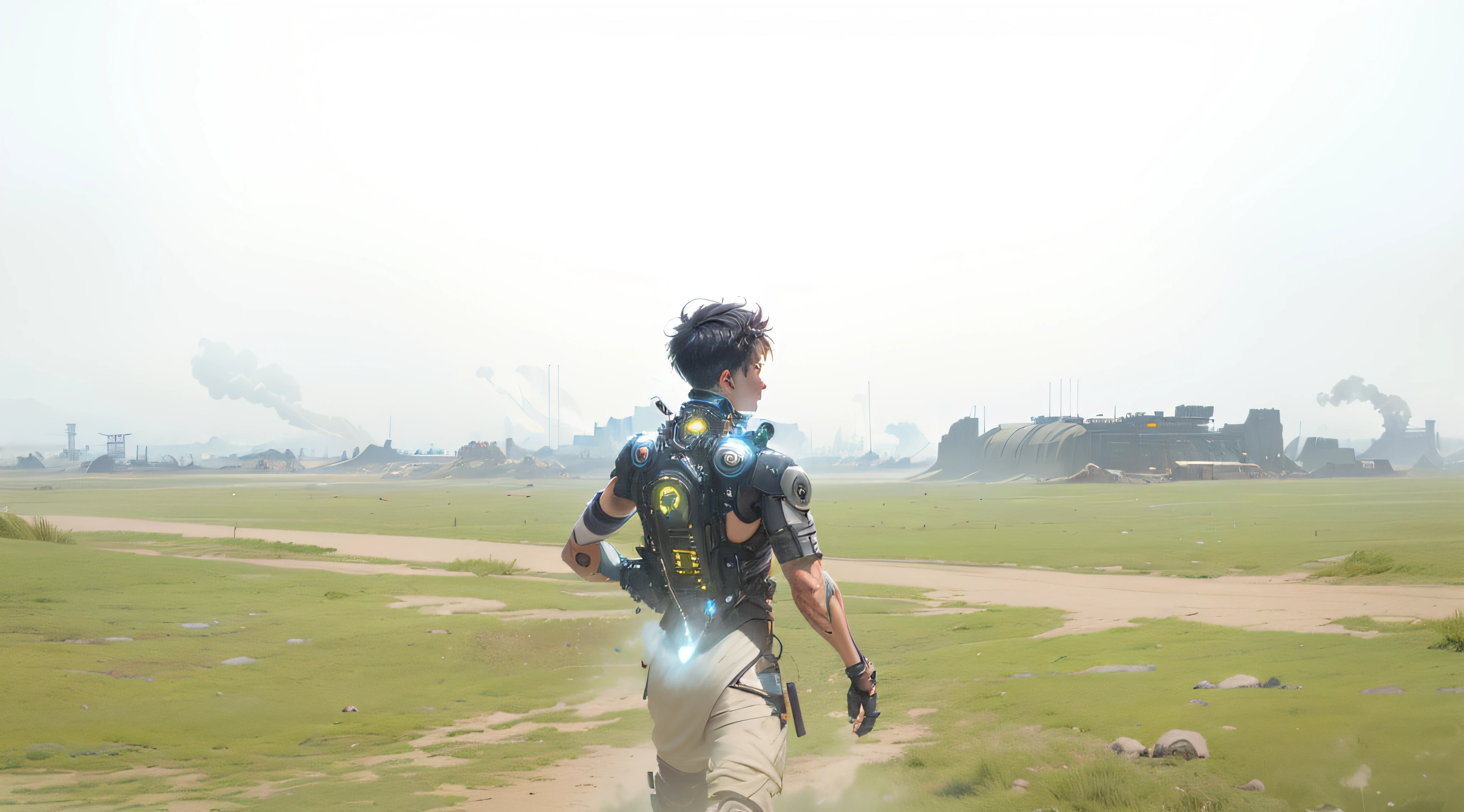 cypunk, futuristic, mechanic, dystopia, trending on artstaion, by greg rutkowski,  8k, boy, glowing eyes, smoke and fire, glowing power aura, dynamic view