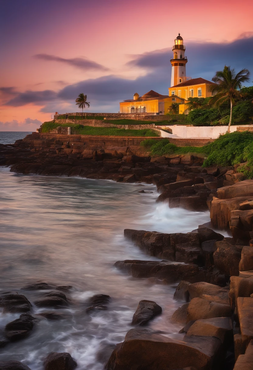 (realistic photograph,fine art:1.2),lighthouse,Barra neighborhood,Salvador,Bahia,Brazil,landscape,seascape,ocean view,vibrant colors,sunlit,seagulls,fishing boats,relaxing atmosphere,coastline,tranquil scene,local landmarks,architectural details,structural elegance,sunrise/sunset,impressive structure,tropical paradise,seaside destination,reflection in the water,serene ambiance,harbor lights,breathtaking view,masterpiece-quality image