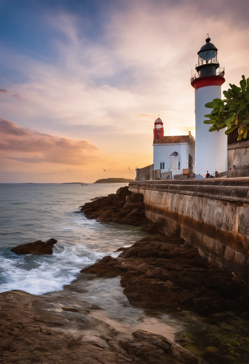 (realistic photograph,fine art:1.2),lighthouse,Barra neighborhood,Salvador,Bahia,Brazil,landscape,seascape,ocean view,vibrant colors,sunlit,seagulls,fishing boats,relaxing atmosphere,coastline,tranquil scene,local landmarks,architectural details,structural elegance,sunrise/sunset,impressive structure,tropical paradise,seaside destination,reflection in the water,serene ambiance,harbor lights,breathtaking view,masterpiece-quality image