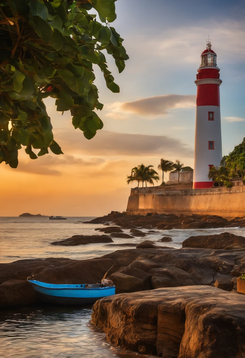 (realistic photograph,fine art:1.2),lighthouse,Barra neighborhood,Salvador,Bahia,Brazil,landscape,seascape,ocean view,vibrant colors,sunlit,seagulls,fishing boats,relaxing atmosphere,coastline,tranquil scene,local landmarks,architectural details,structural elegance,sunrise/sunset,impressive structure,tropical paradise,seaside destination,reflection in the water,serene ambiance,harbor lights,breathtaking view,masterpiece-quality image