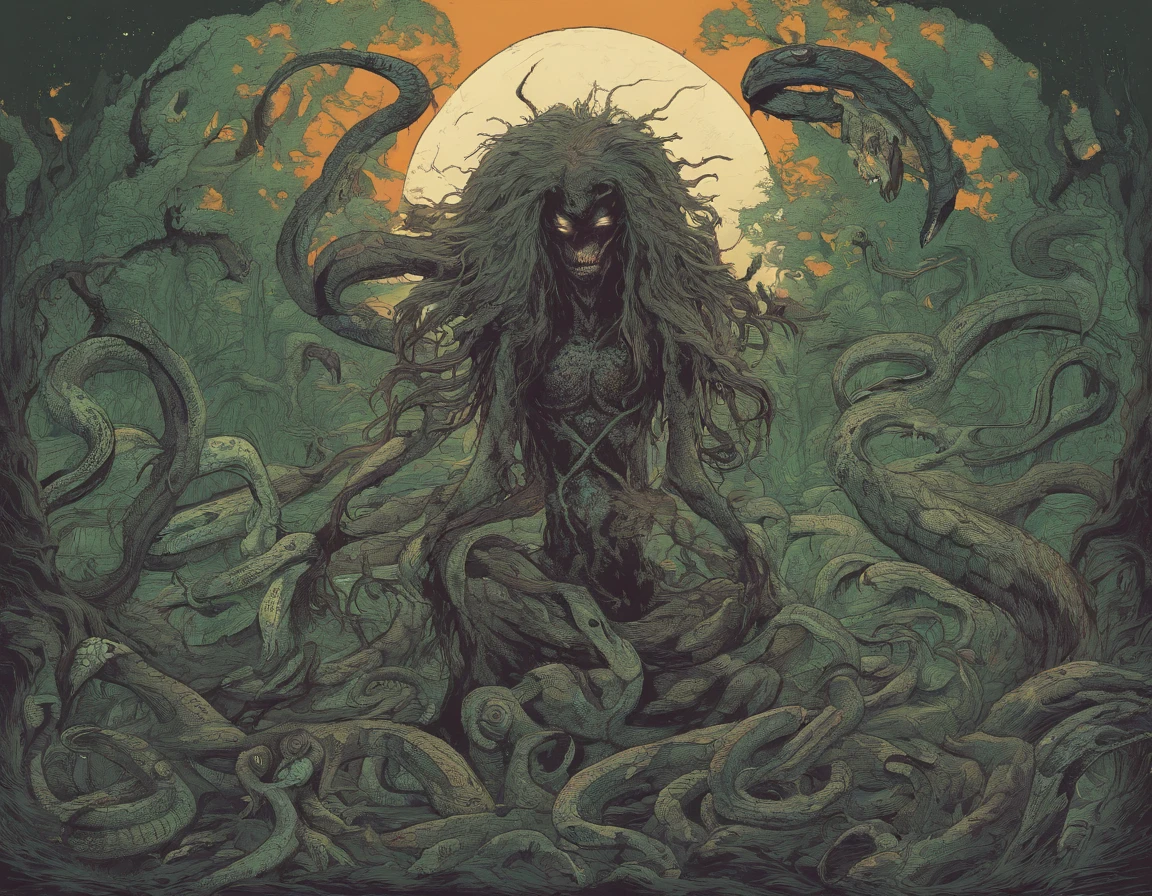 Medusa, northern lights, snake lightning, snakes to the heavens, hand drawn ink on paper illustration, double exposure, optical illusion, snake skin dress, full length body, (lamia, gorgon, snake woman hybrid, human upper-body, snake tail lower-body), fullbody, snake-haired, bald, hairless, (face, ornate black metal corpse paint, resembles Grace Jones), (background, pine barrens, entropy, rewilding, magic hour nautical twilight), (art style "Sean Gordon Murphy" comic drawing, splash panel), body drawn in Frederic Delavier musculature anatomical illustration art style, candid, the snake-haired head is covered in snakes that resemble pantera great southern trendkill, silhouette, full length body portrait, (body, Naga, snakefolk), (colors, forest green to earth brown, merge bleak muted deep fiery radiant glowing CMYK hues, (horror, abstract, surreal, body, cosmic), (art style Gerardo Zaffino charcoal), nyctophobia,