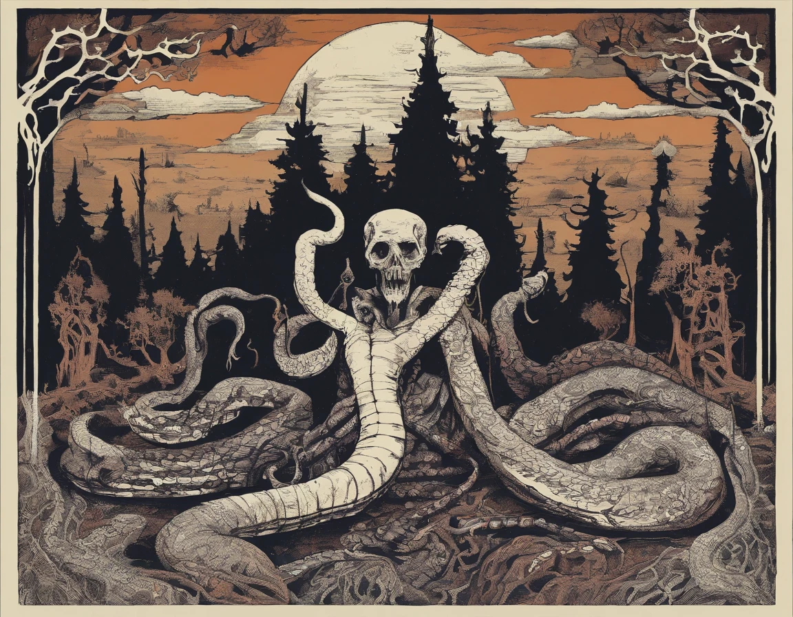 Medusa, northern lights, snake lightning, snakes to the heavens, hand drawn ink on paper illustration, double exposure, optical illusion, snake skin dress, full length body, (lamia, gorgon, snake woman hybrid, human upper-body, snake tail lower-body), fullbody, snake-haired, bald, hairless, (face, ornate black metal corpse paint, resembles Grace Jones), (background, pine barrens, entropy, rewilding, magic hour nautical twilight), (art style "Sean Gordon Murphy" comic drawing, splash panel), body drawn in Frederic Delavier musculature anatomical illustration art style, candid, the snake-haired head is covered in snakes that resemble pantera great southern trendkill, silhouette, full length body portrait, (body, Naga, snakefolk), (colors, forest green to earth brown, merge bleak muted deep fiery radiant glowing CMYK hues, (horror, abstract, surreal, body, cosmic), (art style Gerardo Zaffino charcoal), nyctophobia,