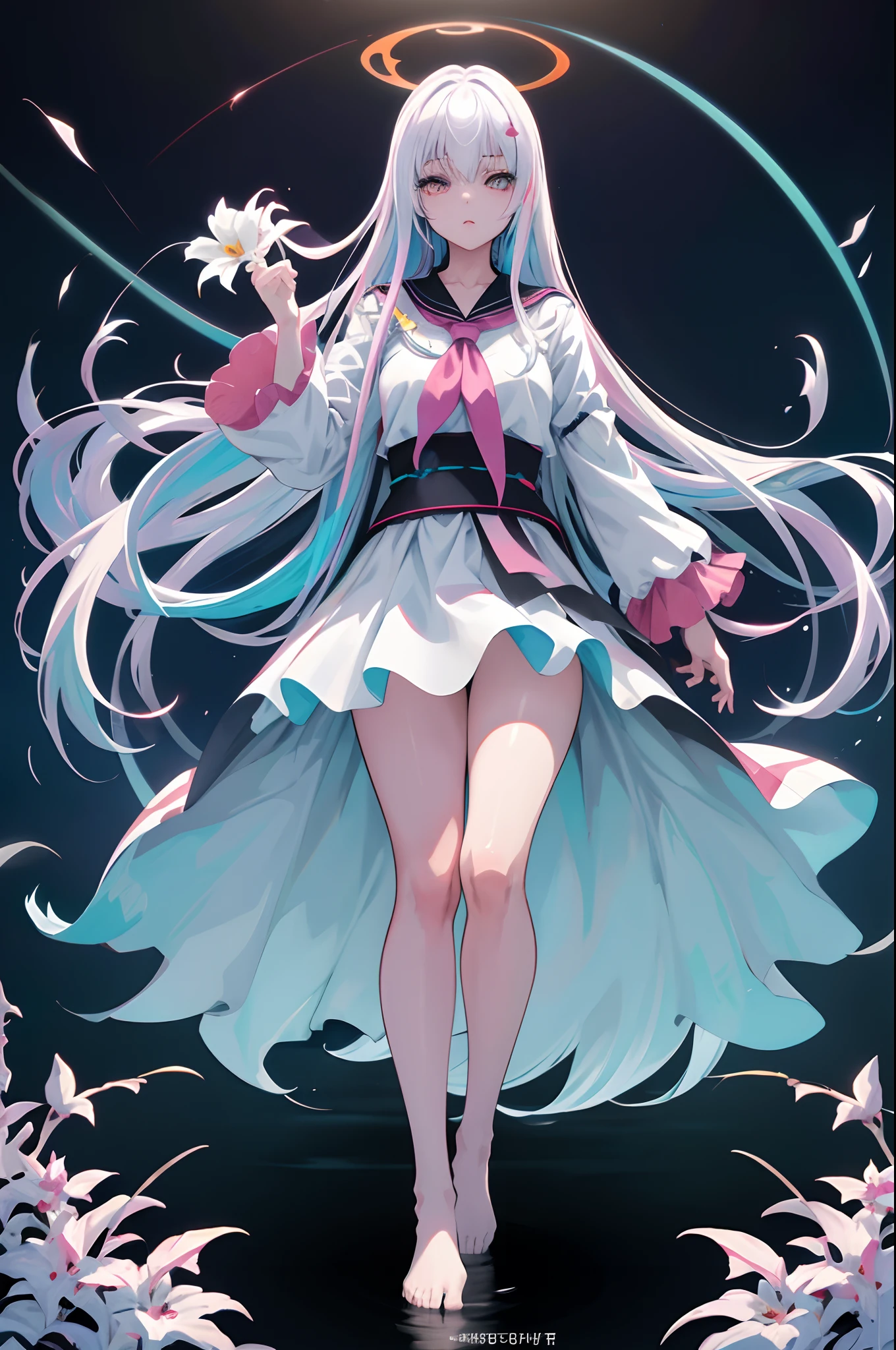 full body kpop star, floating on water, full body, high resolution, high quality, strong heavy details, (flat color:1.1),(colorful:1.3),(masterpiece:1.2), best quality, masterpiece, highres, original, extremely detailed wallpaper, looking at viewer,1girl,solo,floating colorful water, half Bright turquoise hair with half white hair, long long long curly hair, very long floor lenght hair, ambient lights in different colors, white flowers, tall grass, Junji ito manga artist. ,(8K, 4K, Best Quality, hight resolution:1.2), (maasterpiece, Realistic, photos realistic:1.37), 1girll, Solo, Beautiful face, eye lashes, nase, Glossy lips, (Detailed eyes, view the viewer, Ultra maniac anime manga style theme (nana manga)Kamikaze kaitoujin, full body high quality 4k illustration, ceiling view pose girl looking into camera from a white bedsheet