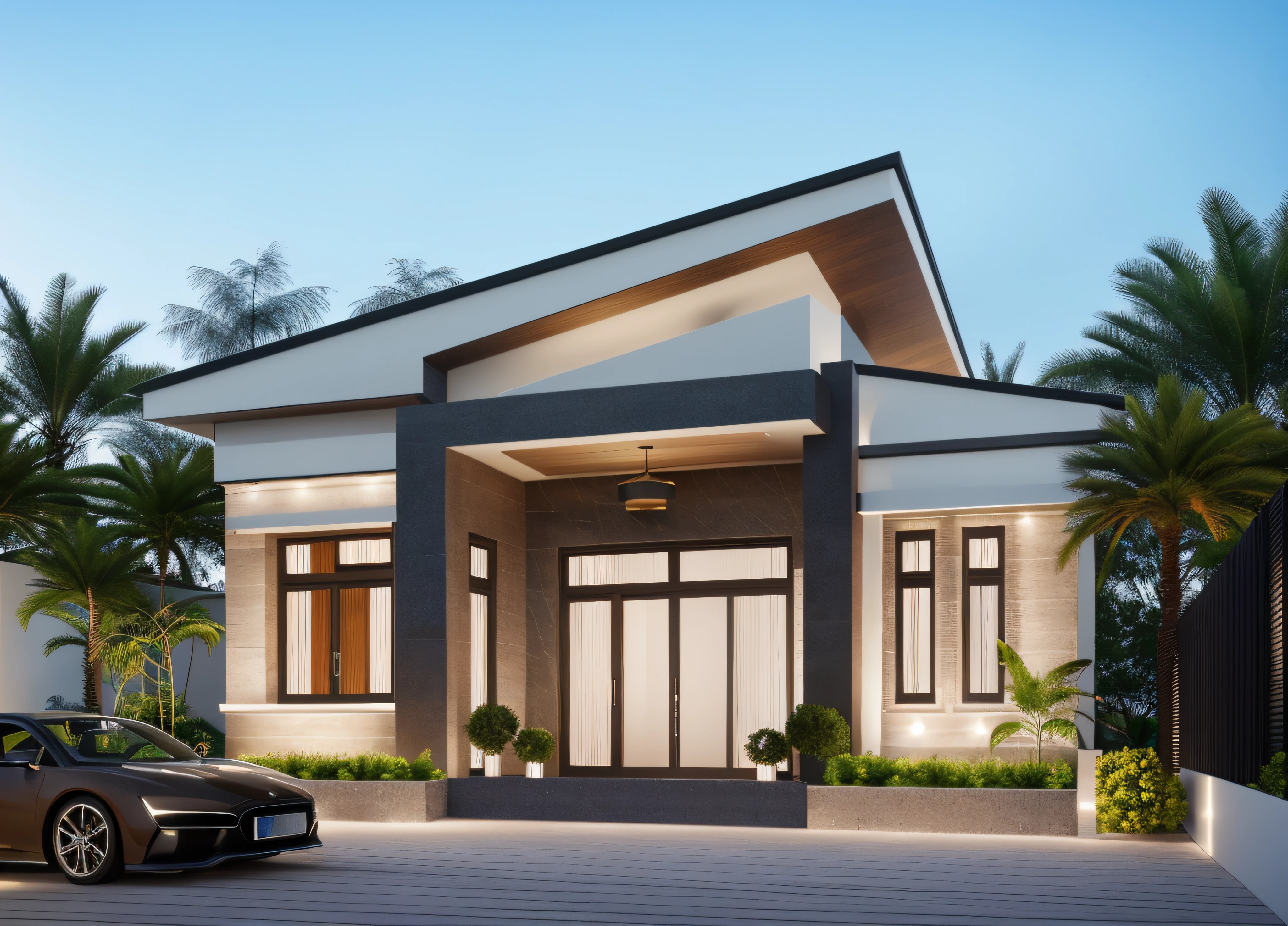 a view of a modern home with a large front yard, main material by white wall and stone and wood, 1 road runs in front of the house, (RAW photo, real, best quality, masterpiece:1.2), look morden minimalist, 1 road in front of the house, shime ring light, light brighteness from indoor:1.2, dynamic lighting:1.3, (hyper realistic, photo-realistic:1.2), high quality, day lighht, hight contrast :0.5 perfect lighting, archdaily, award winning contemporary, contemporary masterpiece, well-designed masterpiece, large modern residence, neotraditional modern, wide angle exterior 2022, midcentury modern, contemporary house, hip modern vibe, a long-shot from front, award winning modern design, stunning lines, residential, subtle detailing,Green tree in front of the house,There is a large, sunset light, ((straight architectural block:1.2)),(sunset light), Sloping roof on one side
