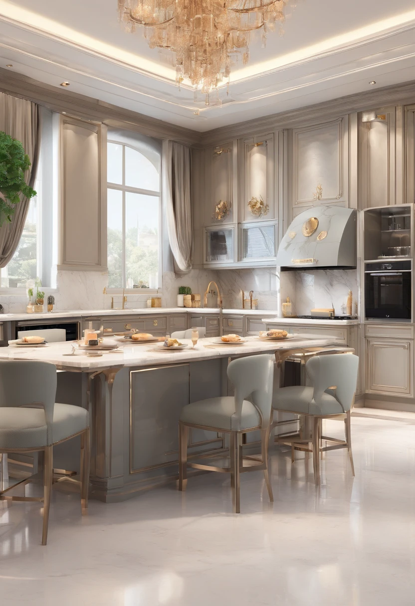masterpiece, modern kitchen space, luxurious, aristocratic interior design, royal space, ((super detail :1.3))), neoclassical style design, neoclassical interior Modern blend, kitchen interior space with tables and chairs, kitchen details, luxurious aristocratic neoclassical kitchen inside, luxurious marble kitchen floor, kitchen interior, in a kitchen summer morning, island table, starbucks interior illustration, white, gray glossy floor ((1.2)), people sitting in cafe and serving staff (((1.3)))