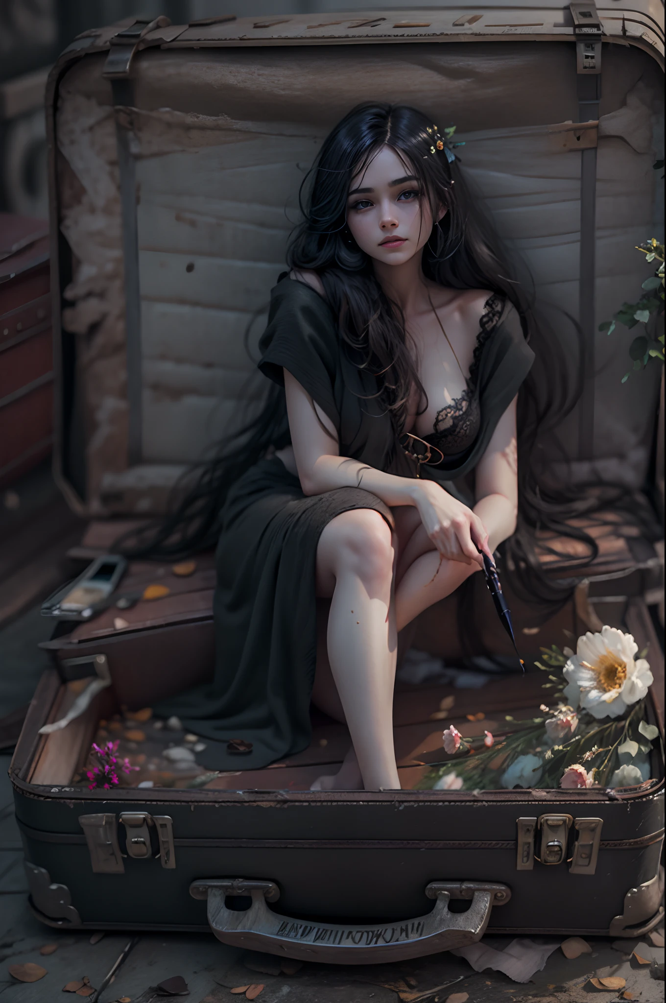 Different mood russian with large eyes woman large eyes with very two long hair, showing clevage, clutched in deep black towel, Digital art, by IrinaKapi. A girl in trampled shoes is sitting on an old suitcase on the side of the road, light fog. Withered flowers.light smile, clin skinomy, illustrative, painterly, detailed, UHD drawing, pen and ink, perfect composition, beautiful detailed intricate insanely detailed octane render trending on artstation, 8k artistic photography, photorealistic concept art, soft natural, all in one frame