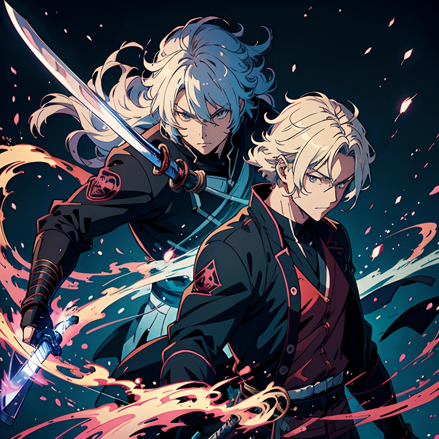 Anime mean avec un katana, Anime visual of an overpowered man, flow anime mean, comat, adult anime man, high quality anime artstyle, anime homme, artwork in the style of guweiz, Handsome anime man,Anime Beaugosse, (anime mean), official artwork, foret montagneuse, Background detailed shot