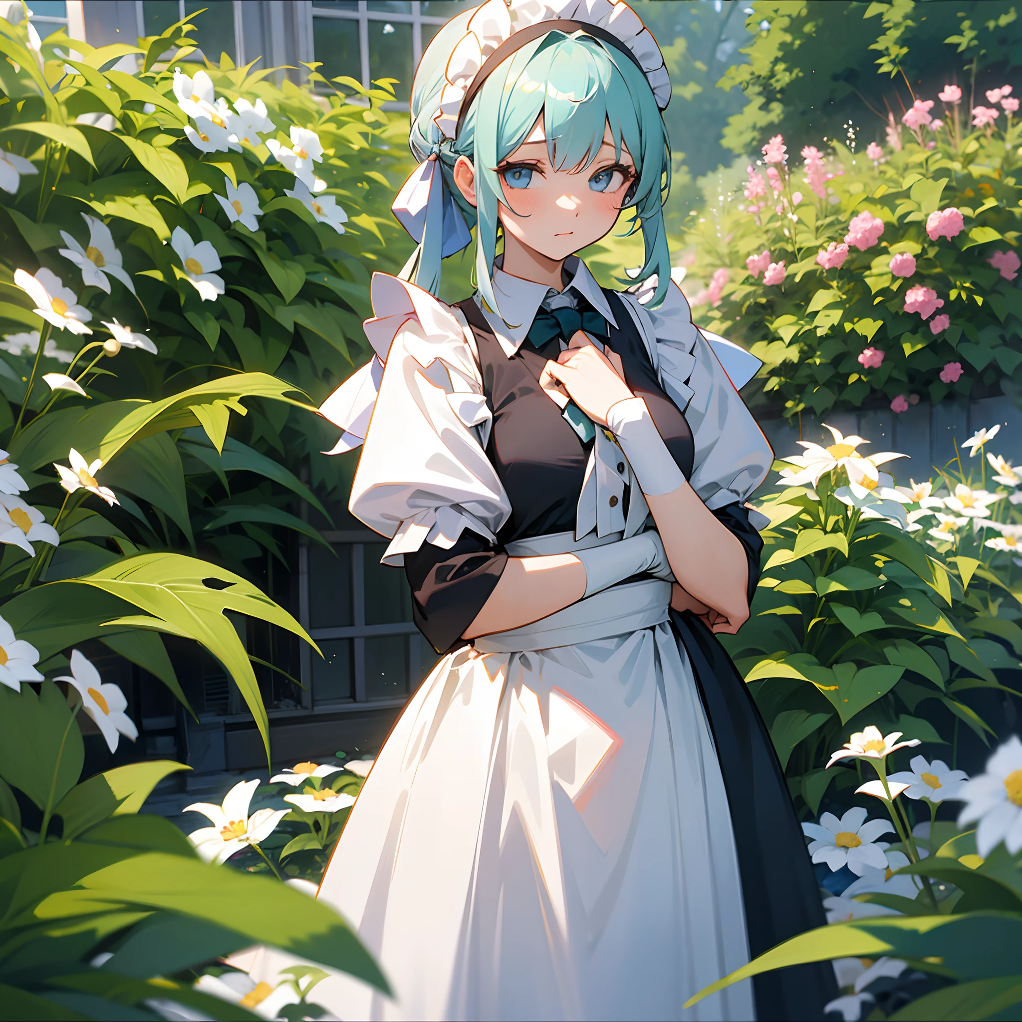kuudere maid girl in a garden