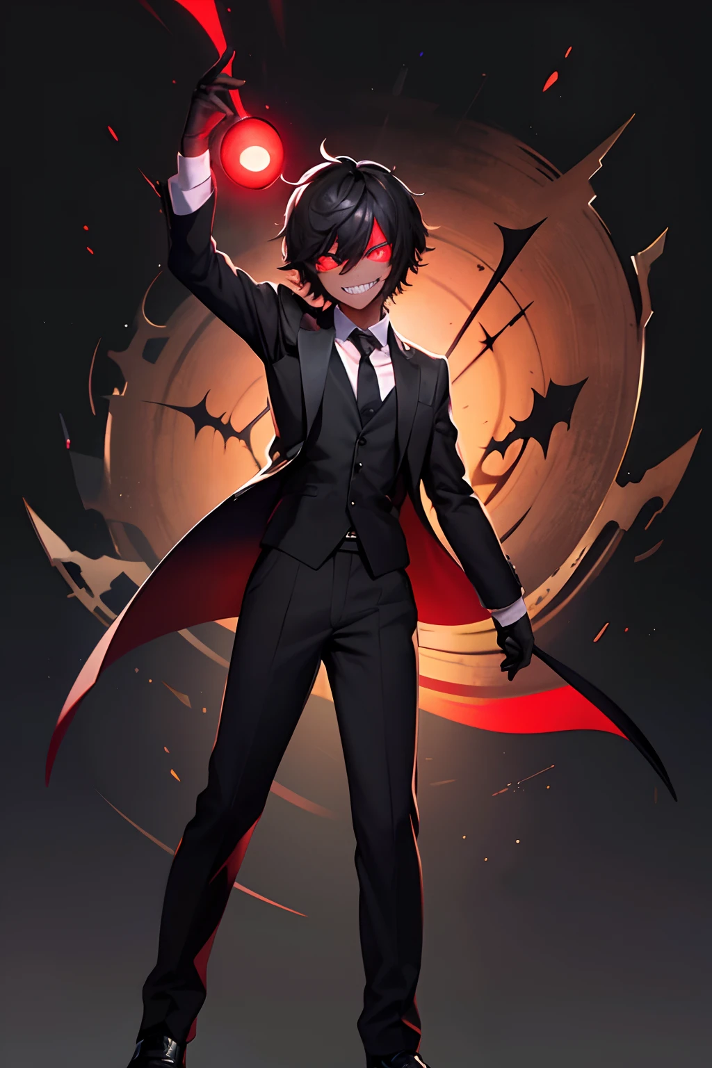 solo, black background, 1boy, parody, simple background, male focus, teeth, red eyes, smile, style parody, one-eyed, grin, crossover, glowing, standing, no humans, sharp teeth, brown headwear, suit, formal, glowing eye, necktie, holding, full body, black jacket, jacket, dark skin,