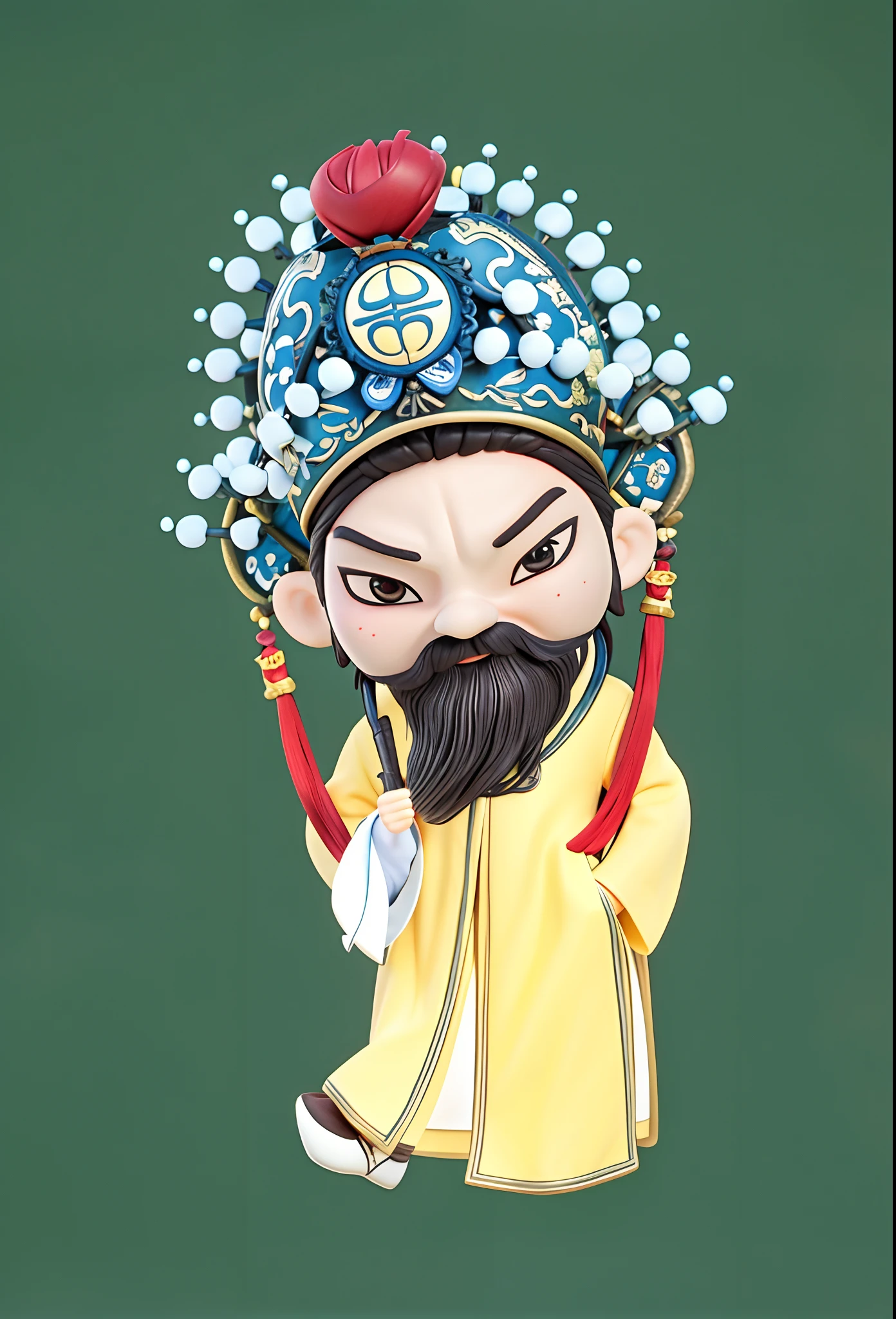 A man with a beard, beijing opera, inspired by Wu Daozi, Guan yu, Oriental face, Facebook,beijing opera,Wearing a long yellow dress,Long black beard,Pearl cap,nipple tassels,Chinese opera,Wide sleeves,detail in face,Traditional Chinese art,Facial makeup,simple backgound,looking at viewert,with brown eye,full-body portraits,3Drenderingof,5 Unreal Engine Tips,A detailed,4K