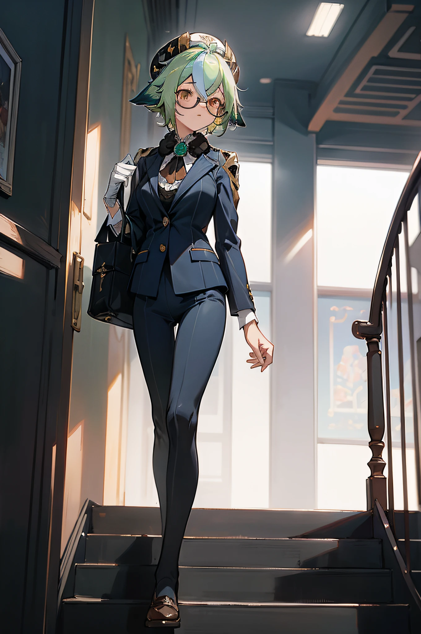 (masterpiece, best quality, detailed),1girl,sucrosedef,green hair,in a suit walking down a flight of stairs, smooth anime cg art, girl in a suit, girl in suit, wearing a strict business suit, in a strict suit, in strict suit, office clothes, anime full body illustration, walking to work,clean detailed anime art,high resolution, (perfect hands, perfect anatomy),