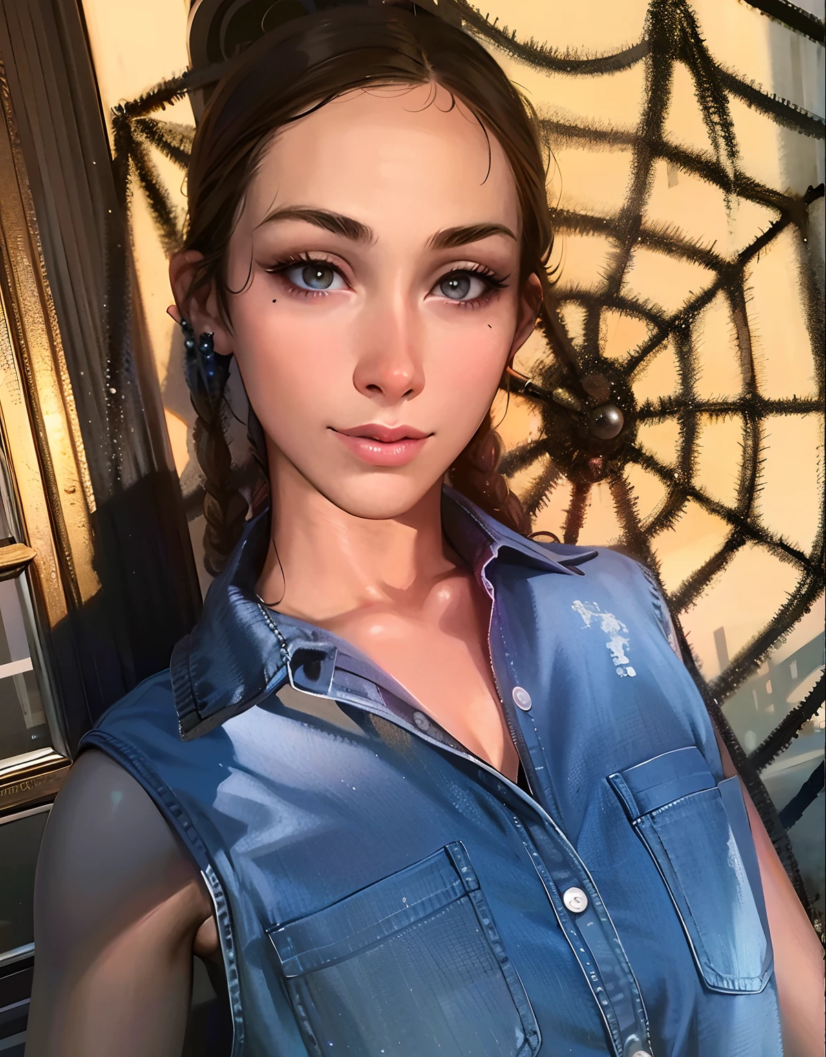 arafed woman with a denim shirt and a spider web, 18 years old, in a halloween style, 1 , anna nikonova aka newmilky, style of julia razumova, inspired by Mac Conner, 2 2 years old, 1 8 yo, 2 3 years old, 21 years  adorable girl big beautiful eyes spider web behind curly Bob hairstyle with braids earrings golden hour Hayao Miyazaki style mixed with Junji ito manga style