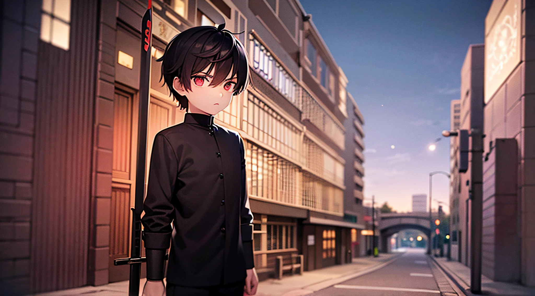 one boy with sword in a city at night, standing in middle of the road, wearing a black clothes, red bright eyes,