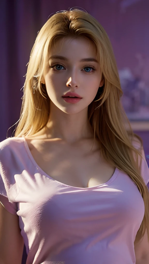 (best quality,4k,8k,highres,masterpiece:1.2),ultra-detailed,(realistic,photorealistic,photo-realistic:1.37),white woman in a purple top posing for a picture, beautiful detailed eyes, beautiful detailed lips, extremely detailed eyes and face, long eyelashes, blonde hair, sexy pose, confident posture, stunning purple top, vibrant colors, flattering lighting, professional studio setting
