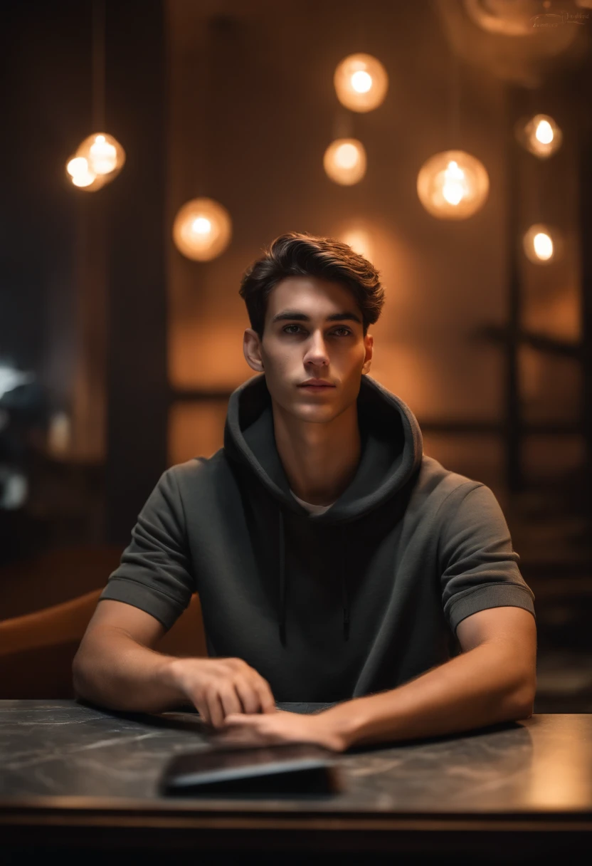 YOUNG MAN SITTING AT MODERN MARBLE TABLE LOOKING AT CAMERA, MAN WEARING DARK GRAY HOODIE, FILMMAKER'S, DARK THEMED BACKGROUND, SHORT SCUFFY BROWN HAIR, LAPTOP ON TABLE, CINEMATIC, WARM, SOFT LIGHTING, 24MM LENS, F/1.4, IN DISNEY CHARACTER STYLE PIXAR.