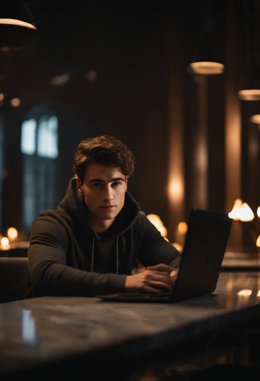 YOUNG MAN SITTING AT MODERN MARBLE TABLE LOOKING AT CAMERA, MAN WEARING DARK GRAY HOODIE, FILMMAKER'S, DARK THEMED BACKGROUND, SHORT SCUFFY BROWN HAIR, LAPTOP ON TABLE, CINEMATIC, WARM, SOFT LIGHTING, 24MM LENS, F/1.4, IN DISNEY CHARACTER STYLE PIXAR.