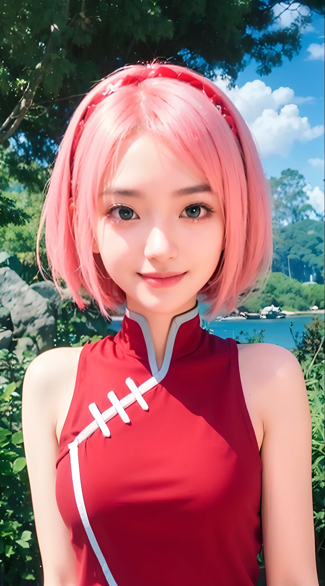 Real life adaption of this character, asian teen beauty , realistic same hair, realistic outfit, realistic white pant,realistic light, realistic shadow, hyper realistic, realism, realistic background,(photorealistic:1.2),green eyes color,smile expression