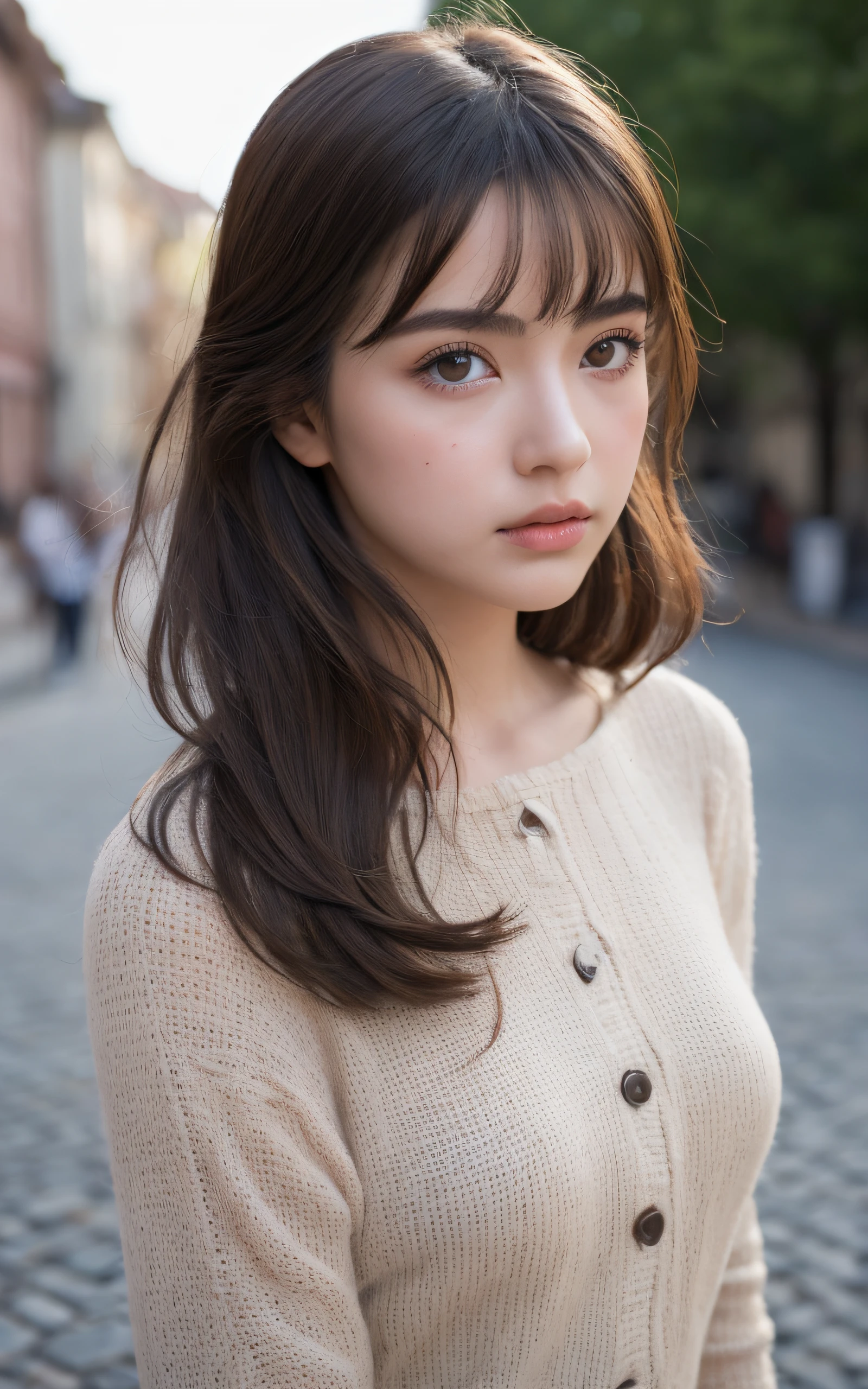of the highest quality, Realistic, Perfect human body structure, Very detailed, Very delicate and beautiful, Raw photography, Charming European cobblestone streets in a historic town, Professional Lighting, Luminescent, depth of fields, Single focal length, ((Full body)), sad, Brown hair, small head, Big breasts, Baby face, Beautiful eyes, Real Face, Realistic skin, Detailed eyes, (Fashionable hairstyle: 1.3), gravure idol, absurderes、Incredibly Ridiculous res、Extremely fine,